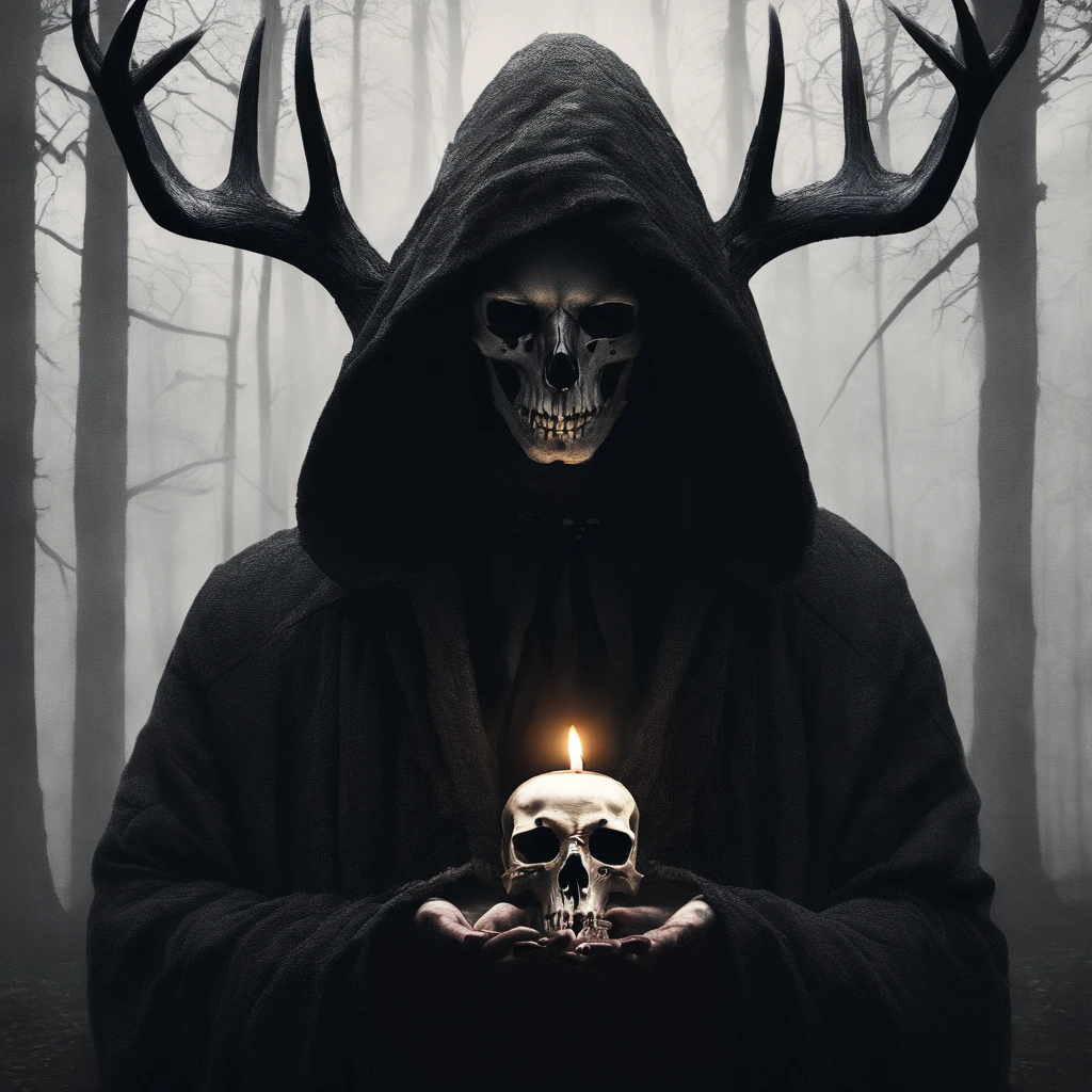 (a person wearing a black hooded robe and a satanic deer skull,a wax candle),(best quality,highres,gloomy,horror,satanic,dark color scheme),dimly lit background,gloomy atmosphere,flickering candle light,creepy vibes,detailed robe texture,dark and mysterious,haunting shadows,spooky aura,sinister expression in the eyes,subtle glow on the candle flame, cinematic camera angle, photo realistic, clear deer skull, highred deer skull, upside down cross on forehead, satanic cross in forehead, upside down cross engraved in forehead, blood on deer skull, dark color scheme, satanic crosses in background, satanic cross, satanic alter, satanic crosses, upside down crosses, dark foggy pine forest background