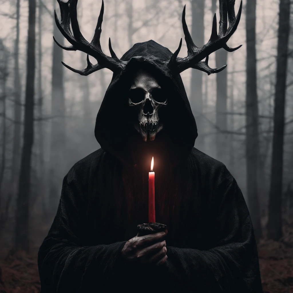 (a person wearing a black hooded robe and a satanic deer skull,a wax candle),(best quality,highres,gloomy,horror,satanic,dark color scheme),dimly lit background,gloomy atmosphere,flickering candle light,creepy vibes,detailed robe texture,dark and mysterious,haunting shadows,spooky aura,sinister expression in the eyes,subtle glow on the candle flame, cinematic camera angle, photo realistic, clear deer skull, highred deer skull, upside down cross on forehead, satanic cross in forehead, upside down cross engraved in forehead, blood on deer skull, dark color scheme, satanic crosses in background, satanic cross, satanic alter, satanic crosses, upside down crosses, dark foggy pine forest background