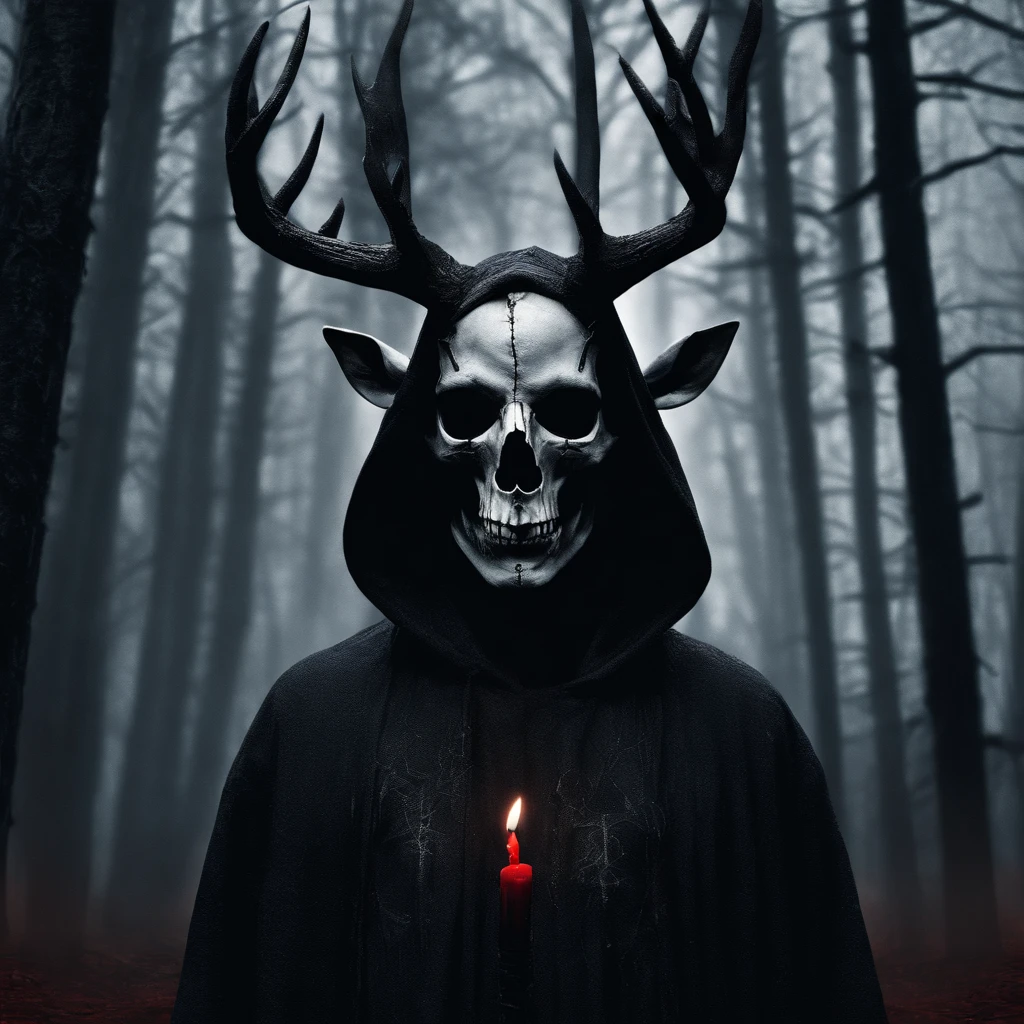 (best quality,4k,8k,highres,masterpiece:1.2),ultra-detailed,(realistic,photorealistic,photo-realistic:1.37),horror,dark,occult,gloomy,color scheme,night time,shadowy,gloomy,ominous atmosphere,A person wearing a deer skull on their head,black robe,candle,burning, flickering light,satanic alter,creepy,dark magic,vivid colors,surrealistic,moonlight,shadows dancing,haunting,spooky aesthetic,ethereal,mysterious figure,ancient ritual,demonic presence,foreboding,menacing,macabre,occult symbols,cryptic writings,mystical,misty atmosphere,pale moonlight,gothic elements,ominous shadows,ghostly,ominous candles,whispering shadows,foreboding darkness,spellbinding,unearthly,unsettling energy,thick darkness,enchanted scenery,total darkness,forbidden rituals,lit by the candlelight,supernatural energies,esoteric knowledge,nightmare-like,hauntingly beautiful,cloaked figure,hooded,mesmerizing,hidden secrets,esoteric meanings,confounding,encrypting,key to the unknown,nightmarish,dark aura,unveiling the shadowy truth,strange and otherworldly,dark glamour,peculiar and eerie ambiance,sinister figure,silent,grim,ancient mysticism,otherworldly presence,ominous atmosphere,casting eerie shadows,dark enchantments,diabolical,cloaked in darkness.