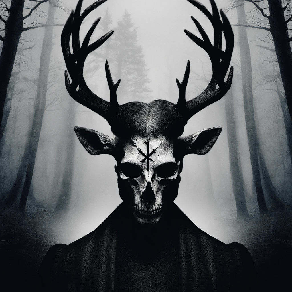 (a person wearing a black hooded robe and a satanic deer skull,a wax candle),(best quality,highres,gloomy,horror,satanic,dark color scheme),dimly lit background,gloomy atmosphere,flickering candle light,creepy vibes,detailed robe texture,dark and mysterious,haunting shadows,spooky aura,sinister expression in the eyes,subtle glow on the candle flame, cinematic camera angle, photo realistic, clear deer skull, highred deer skull, upside down cross on forehead, satanic cross in forehead, upside down cross engraved in forehead, blood on deer skull, dark color scheme, satanic crosses in background, satanic cross, satanic alter, satanic crosses, upside down crosses, dark foggy pine forest background