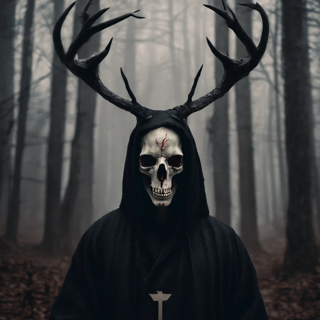 (a person wearing a black hooded robe and a satanic deer skull,a wax candle),(best quality,highres,gloomy,horror,satanic,dark color scheme),dimly lit background,gloomy atmosphere,flickering candle light,creepy vibes,detailed robe texture,dark and mysterious,haunting shadows,spooky aura,sinister expression in the eyes,subtle glow on the candle flame, cinematic camera angle, photo realistic, clear deer skull, highred deer skull, upside down cross on forehead, satanic cross in forehead, upside down cross engraved in forehead, blood on deer skull, dark color scheme, satanic crosses in background, satanic cross, satanic alter, satanic crosses, upside down crosses, dark foggy pine forest background