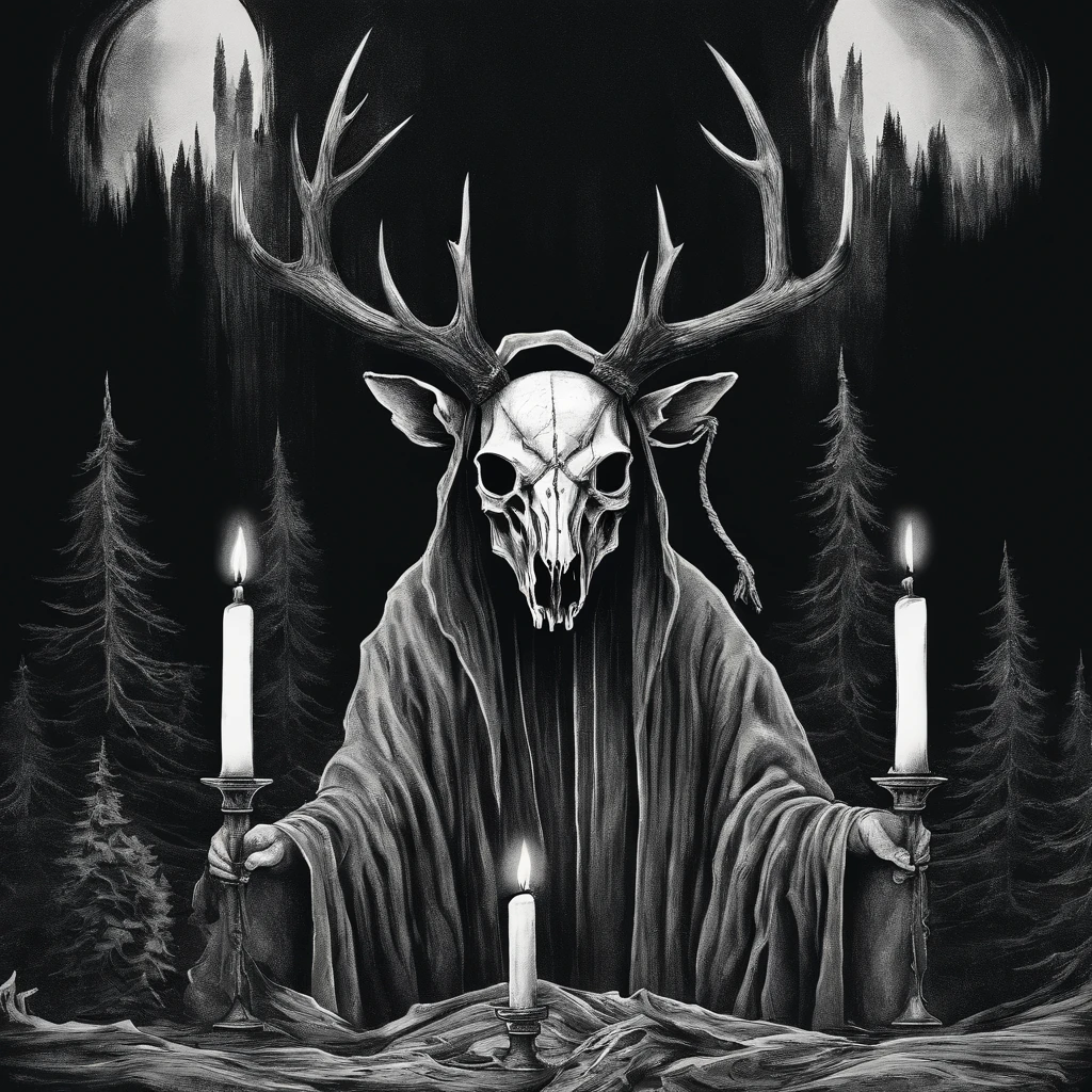 (a person wearing a black hooded robe and a satanic deer skull,a wax candle),(best quality,highres,gloomy,horror,satanic,dark color scheme),dimly lit background,gloomy atmosphere,flickering candle light,creepy vibes,detailed robe texture,dark and mysterious,haunting shadows,spooky aura,sinister expression in the eyes,subtle glow on the candle flame, cinematic camera angle, photo realistic, clear deer skull, highred deer skull, upside down cross on forehead, satanic cross in forehead, upside down cross engraved in forehead, blood on deer skull, dark color scheme, satanic crosses in background, satanic cross, satanic alter, satanic crosses, upside down crosses, dark foggy pine forest background