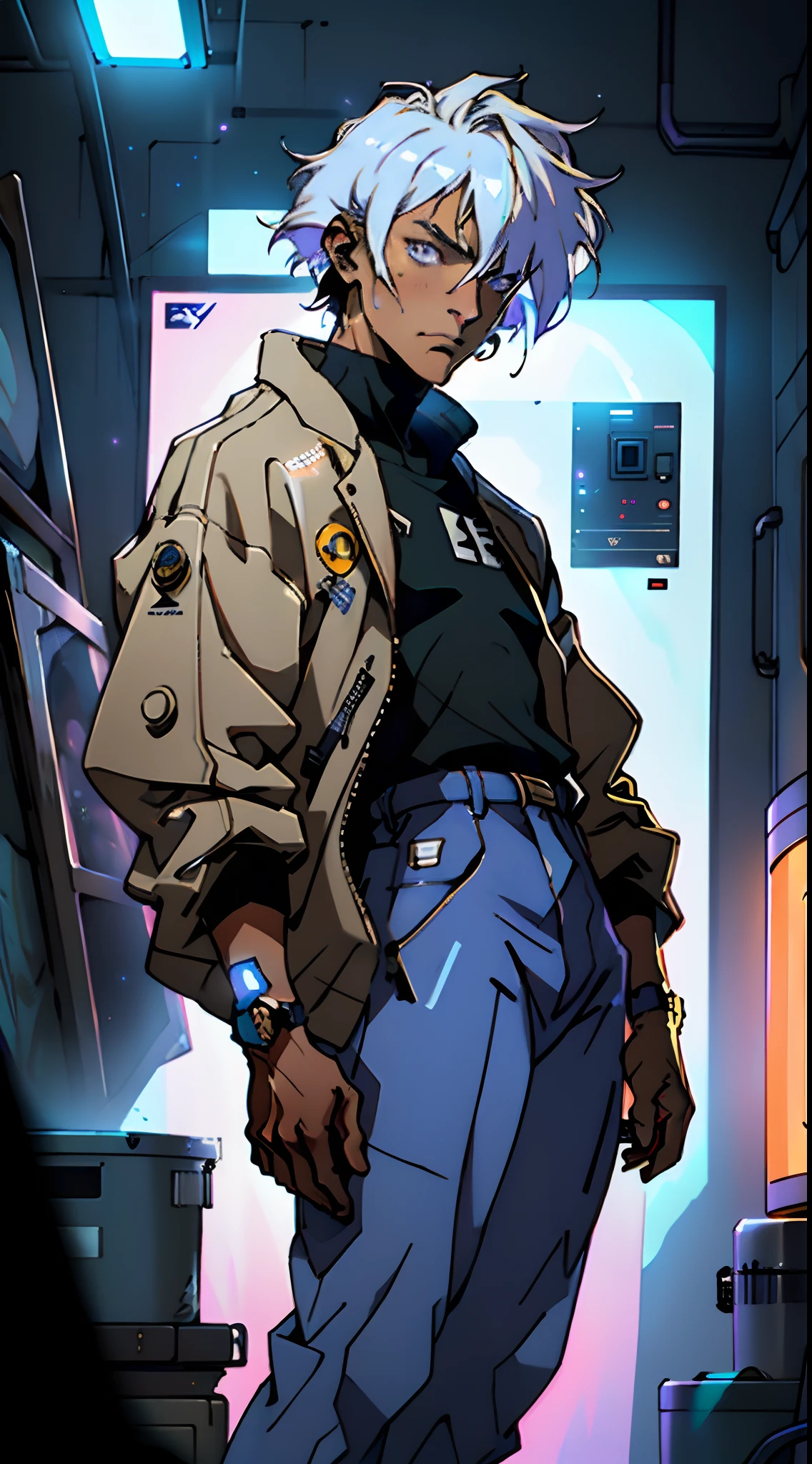 A man with a crew cut, a calm and rational expression, a wise gaze, wears a futuristic scientist's coat, primarily in shades of white, accented by touches of blue and purple, matching utility pants, standing in a mysterious laboratory of an ancient and advanced civilization, with a high-tech incubation tank emitting a faint glow in the background, this character embodies a finely crafted a futuristic sci-fi scientist in anime style, characterized by an exquisite and mature manga illustration art style, high definition, best quality, highres, ultra-detailed, ultra-fine painting, extremely delicate, professional, anatomically correct, symmetrical face, extremely detailed eyes and face, high quality eyes, creativity, RAW photo, UHD, 8k, Natural light, cinematic lighting, masterpiece:1.5