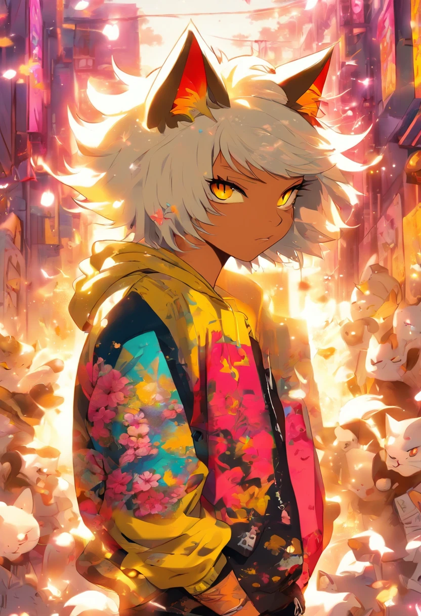 A cool and trendy cat, white hair, yellow eyes, wearing trendy hip hop clothing, wearing a hoodie, graphic t-shirt and torn jeans, tons of tattoos and piercings, cherry blossoms blowing in the wind, graffiti style background, highly detailed background, perfect masterpiece, high quality, high resolution
