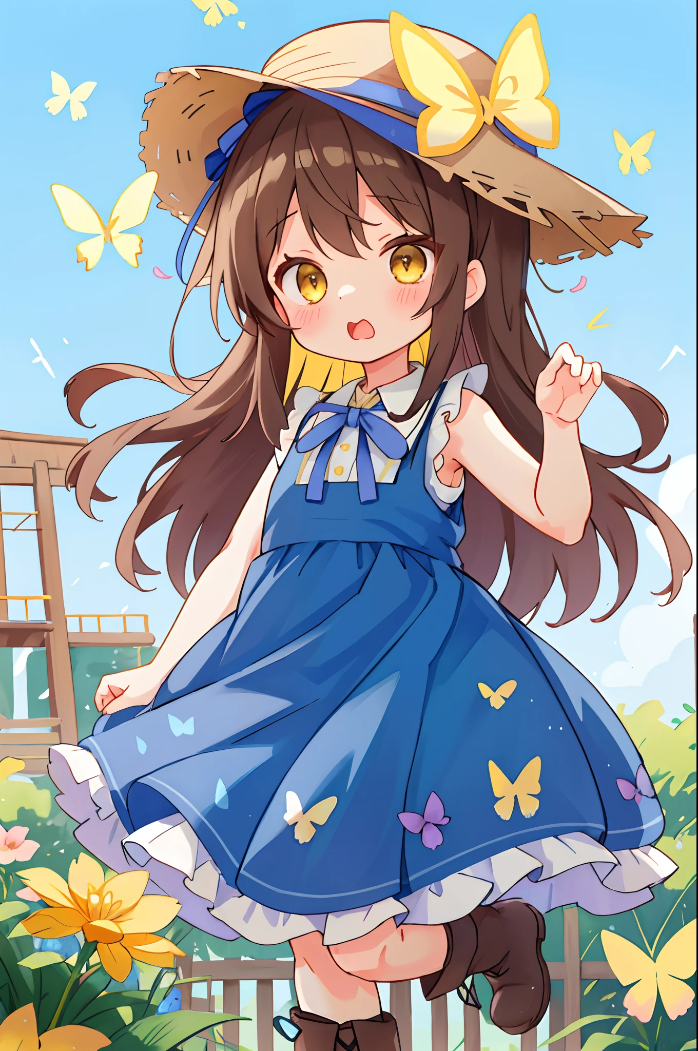 1人、blue ribbons、florals、Hats、Windy, That's why I'm wearing a hat、Yawning face、Longer dress、length hair、brown haired、bow ribbon、Sleeveless、a straw fedora hat、Eye Up、yellow  eyes、Urban Park、butterflys々is flying、kawaii pose、I'm wearing cute boots