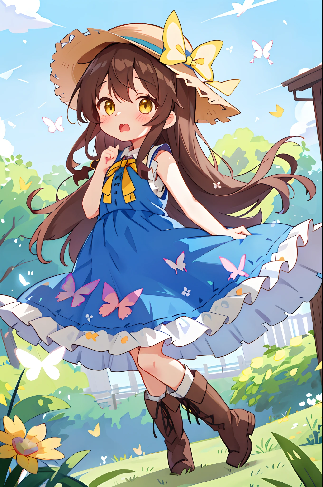 女の子1人、blue ribbons、florals、Hats、Windy, That's why I'm wearing a hat、Yawning face、Longer dress、length hair、brown haired、bow ribbon、Sleeveless、a straw fedora hat、Eye Up、yellow  eyes、Urban Park、butterflys々is flying、kawaii pose、I'm wearing cute boots
