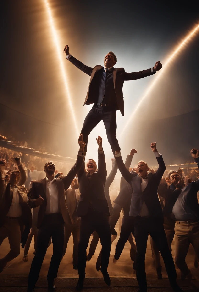 Photography, Members of the forex traders group cheering and jumping with excitement and joy. the forex trader stands under a radiant pillar of light, surrounded by a mysterious glow. His power is constantly growing, and the air around him seems to be tense. , 32k, best quality, masterpiece, super detail, high details, photorealistic
