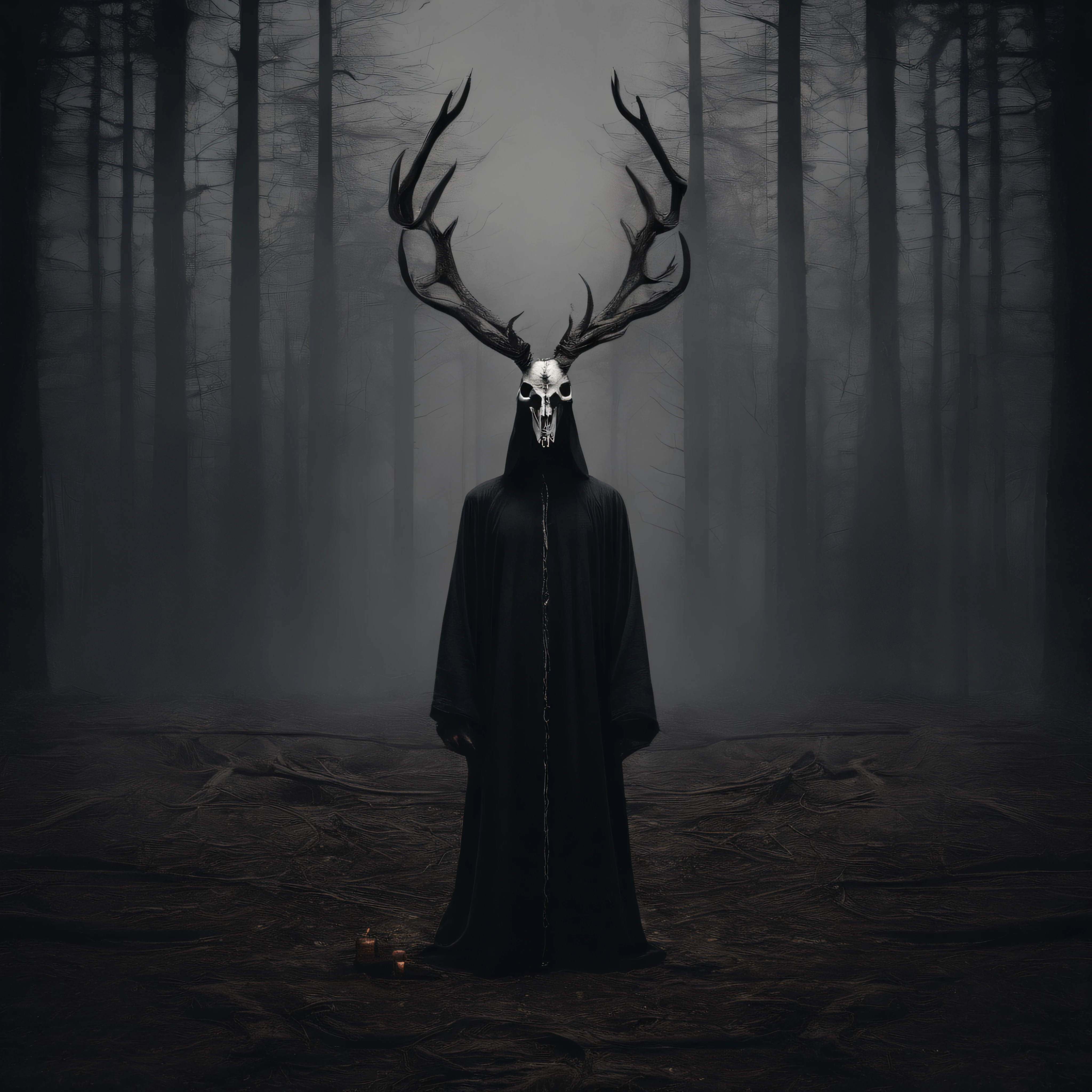 (a person wearing a black hooded robe and a satanic deer skull,a wax candle),(best quality,highres,gloomy,horror,satanic,dark color scheme),dimly lit background,gloomy atmosphere,flickering candle light,creepy vibes,detailed robe texture,dark and mysterious,haunting shadows,spooky aura,sinister expression in the eyes,subtle glow on the candle flame, cinematic camera angle, photo realistic, clear deer skull, highred deer skull, upside down cross on forehead, satanic cross in forehead, upside down cross engraved in forehead, blood on deer skull, dark color scheme, satanic crosses in background, satanic cross, satanic alter, satanic crosses, upside down crosses, dark foggy pine forest background