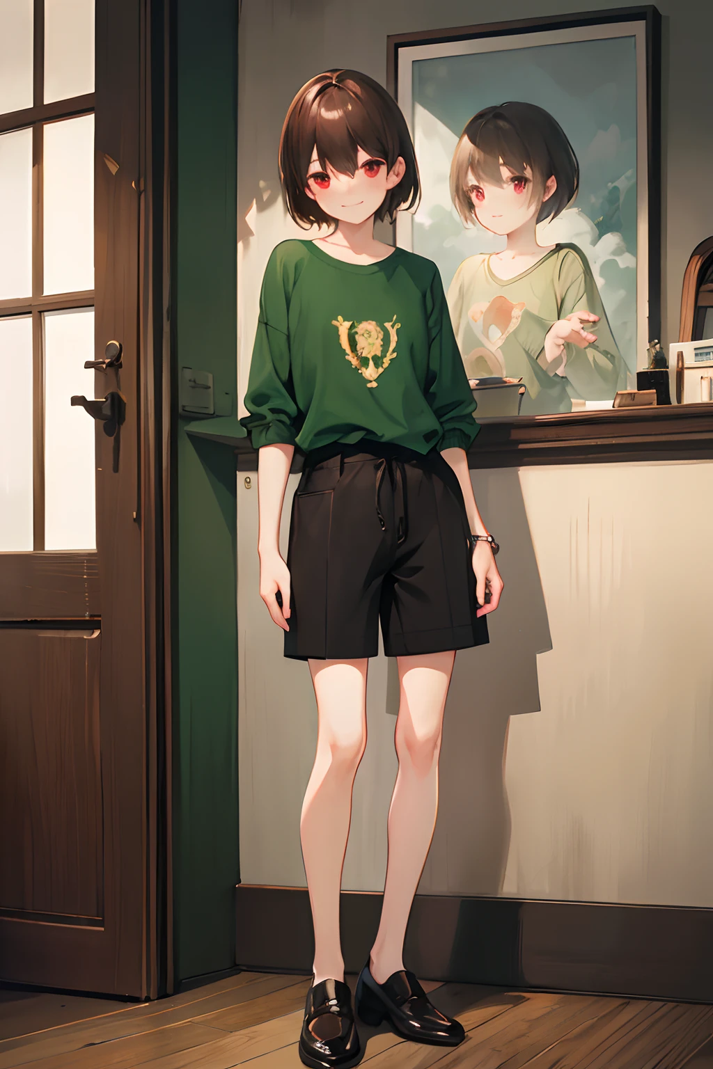 Under the legend,Chara,femele,sexy for,green-shirt,brown shorts,blacksilk,Small leather shoes,grin,Blushlush,stand posture,with short brown hair,Standing painting,bloody red eyes