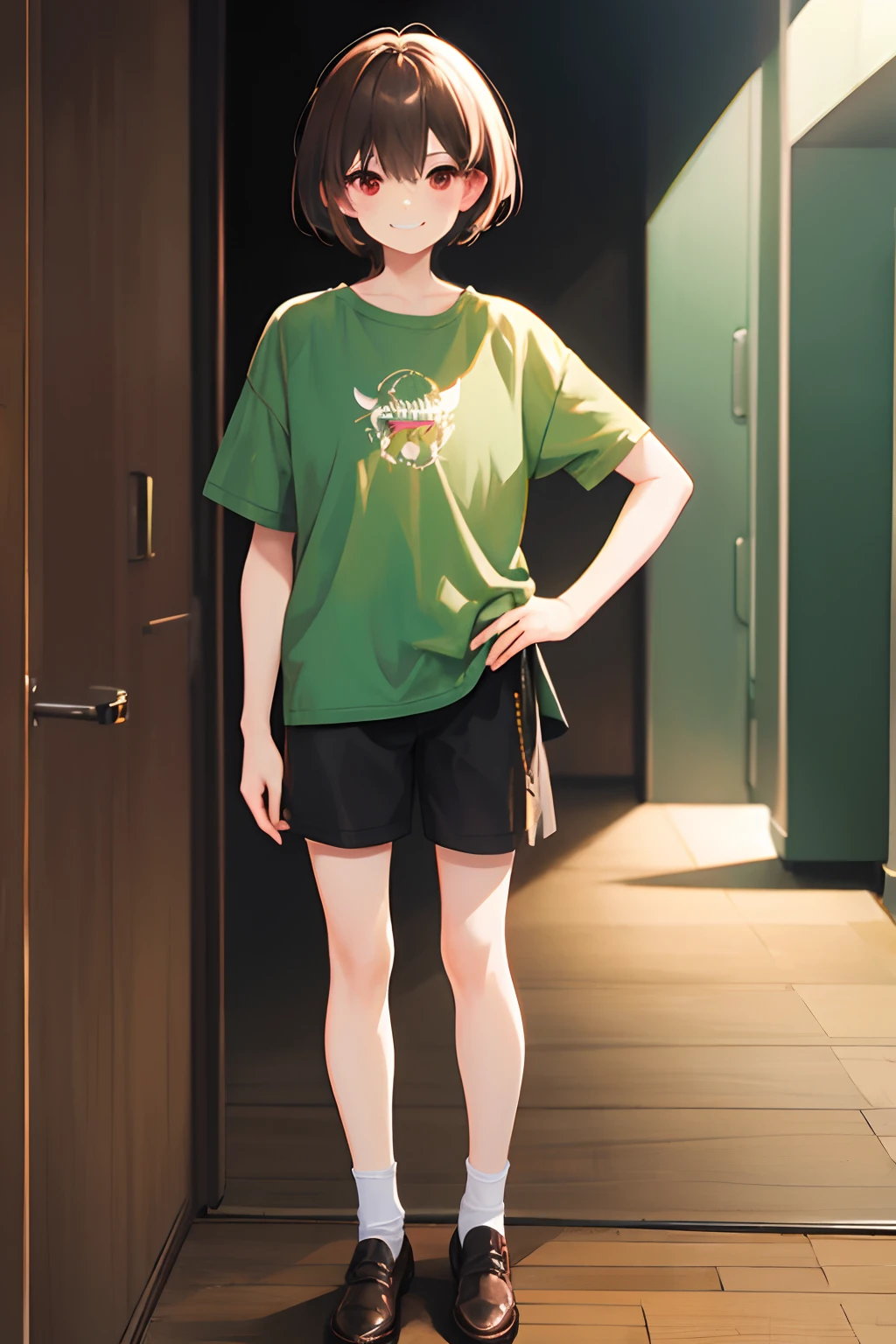 Under the legend,Chara,femele,sexy for,green-shirt,brown shorts,blacksilk,Small leather shoes,grin,Blushlush,stand posture,with short brown hair,Standing painting,bloody red eyes