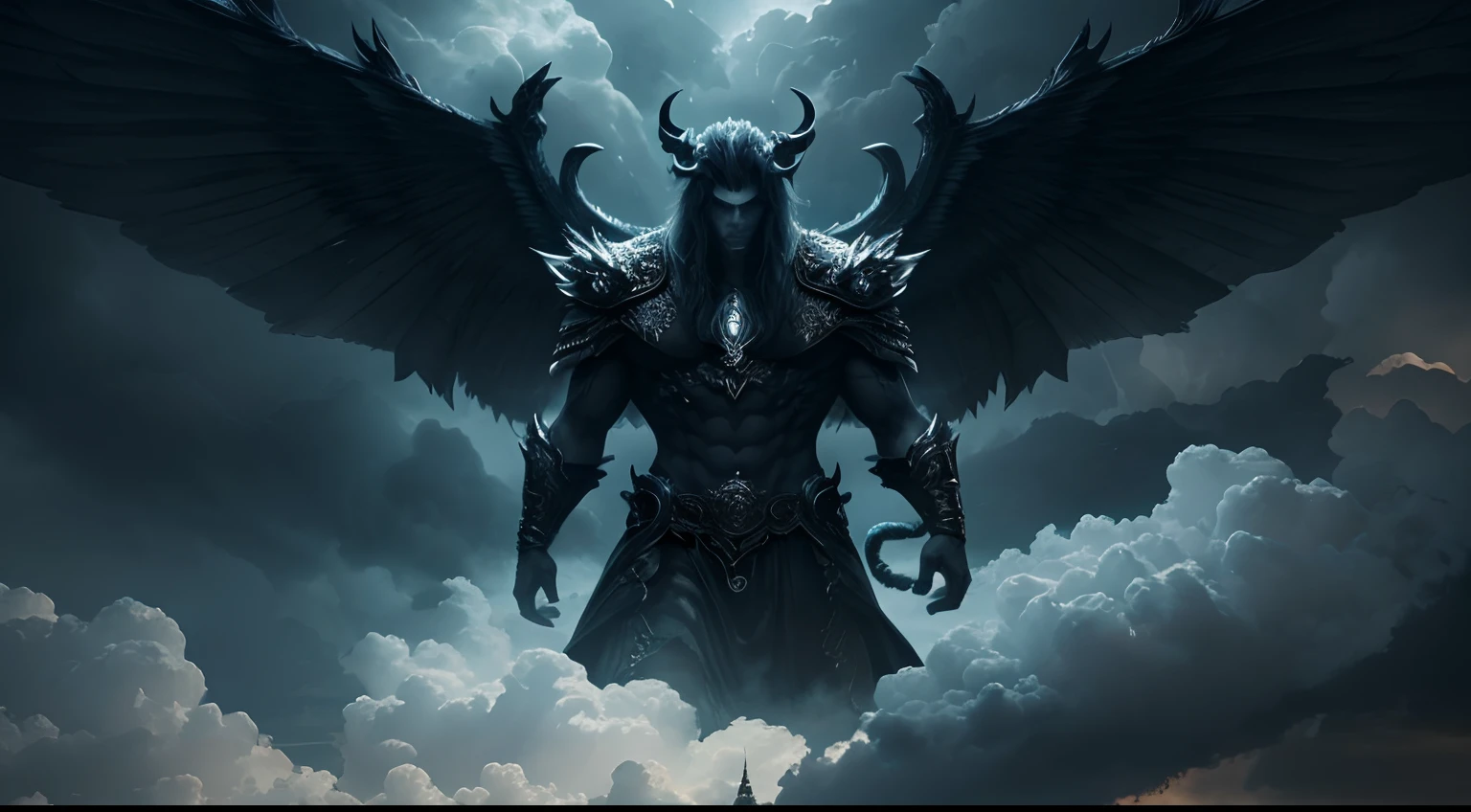 A devil formed by clouds cinematic lighting, extremely detailed, 4K, center focused, with an artistic touch that echoes the style of intensity and grandeur, embodying a blend of grace and unyielding strength in the grandeur of 4K cinematic artistry. Thunder and clouds with intricate textures and details in the background, magic theme, elegant, ornate Beautiful Lighting, hyper realistic, highly detailed, sharp focus.
