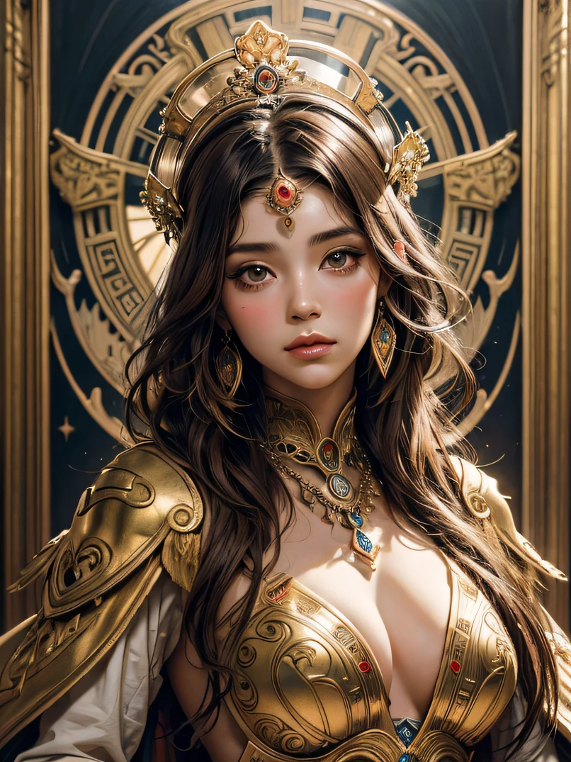 Photorealistic beautiful woman portrait、bustshot、Rough sketch、messy brown hair、Shine a light in front of your face、hyper detailed painting、Complex ancient Greek clothing、High-resolution concept art、Influence of Alphonse Mucha、3d rendered、octan render、 complex costume、isometric、 Hyperistic cover photo in the center、awesome full color、handdraw、gritty、realistic mucha、Klimt、cinematic pose、high detailing、 high-definition picture、tre anatomically correct、Detailed hand depiction、Royal Palace Rooms、Look at viewers