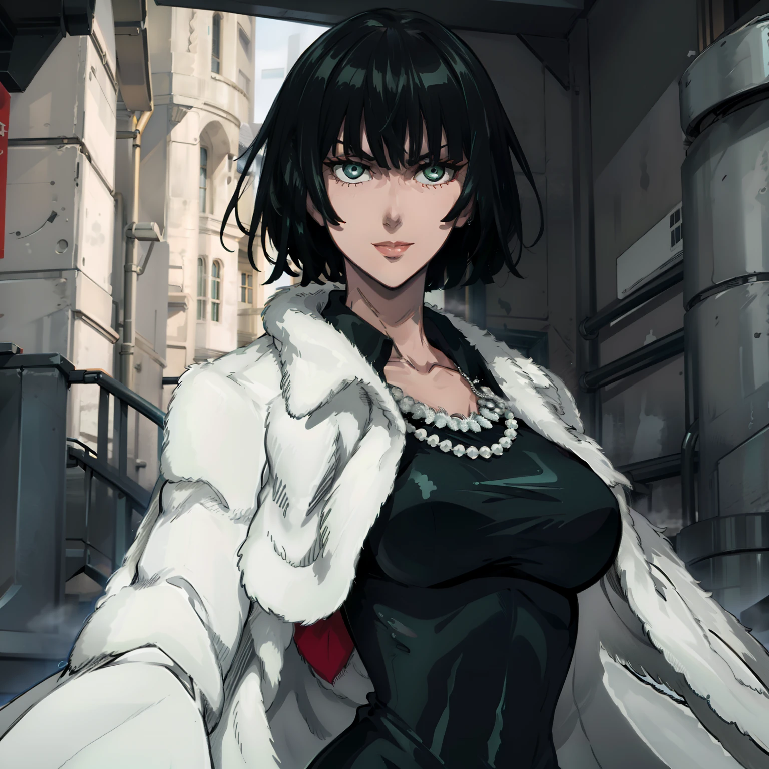 female with green fringe style bob haircut, wearing white fur lined robe, wearing v-neck black dress with high collar, wearing pearl necklaces, dominant pose, seductive smile, alone, solo, alone, (SOLO)(ALONE)