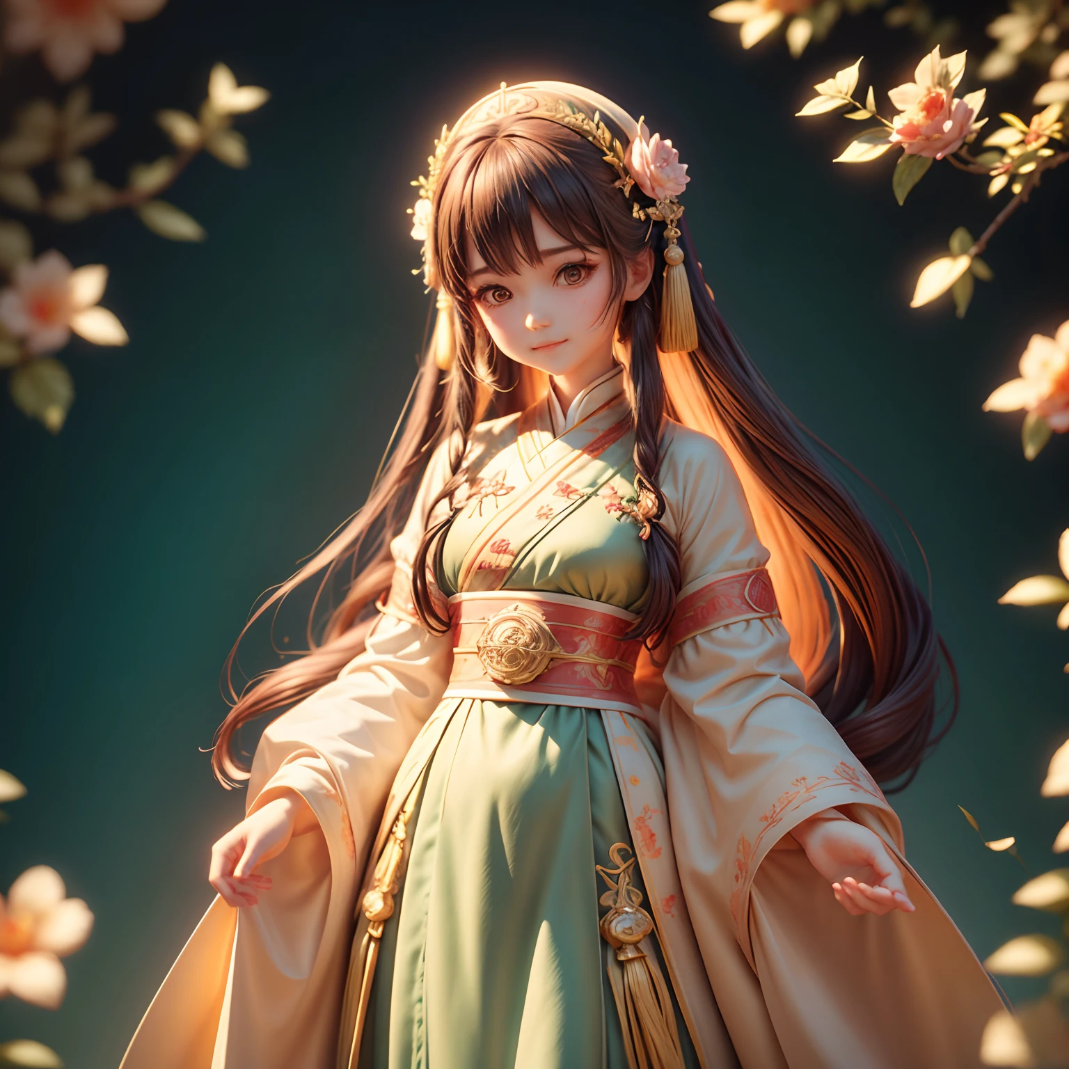 Movie Angle,(Cute girls,anatomy correct,full bodyesbian,Masterpiece camellia,Masterpiece Hanfu,ssmile),(illustratio,paper art,3Drenderingof),(plethora of colors,Best quality,high detal,tmasterpiece,Cinematic lighting effects,4K,Chiaroscuro)