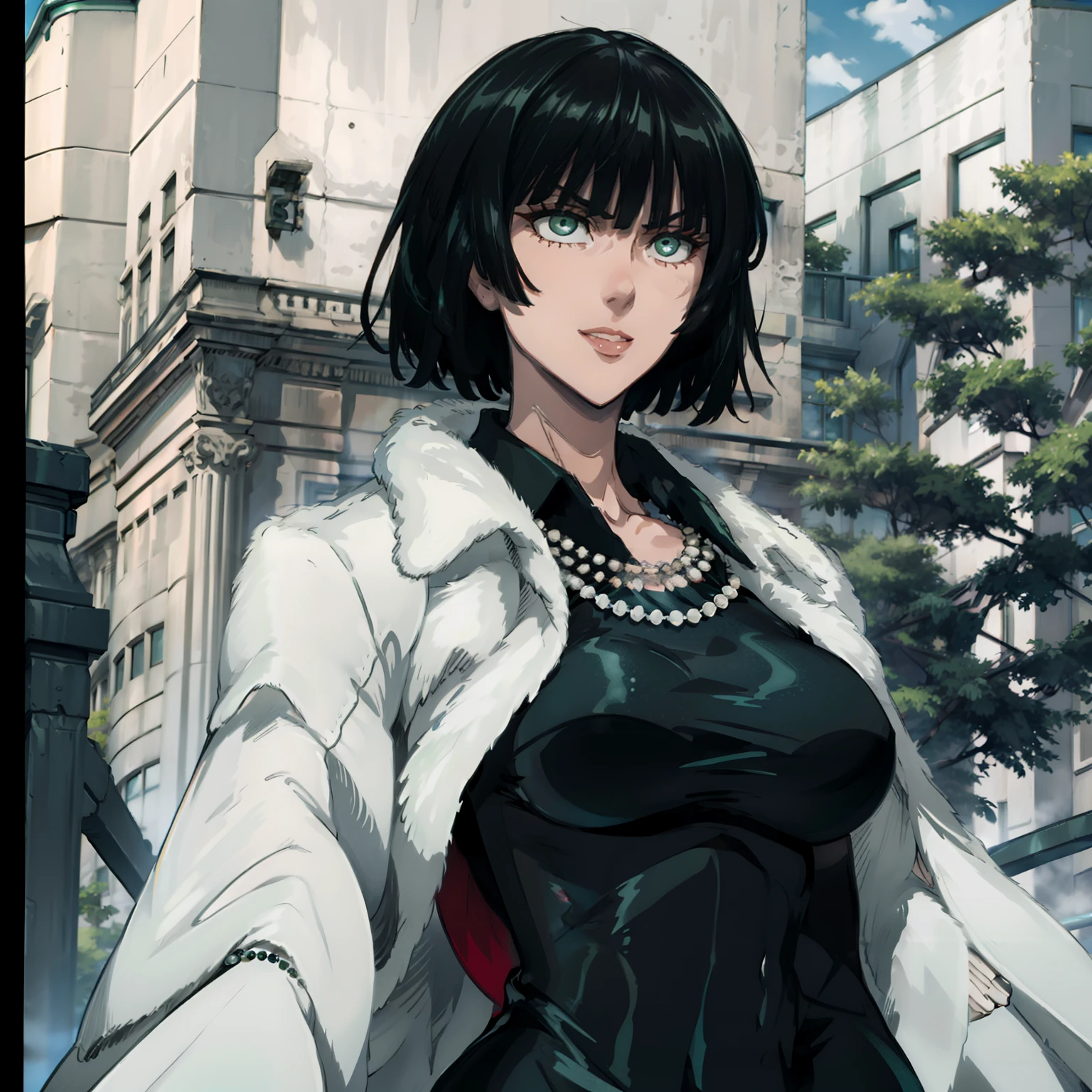female with green fringe style bob haircut, wearing white fur lined robe, wearing v-neck black dress with high collar, wearing pearl necklaces, dominant pose, seductive smile, alone, solo, alone, (SOLO)(ALONE)