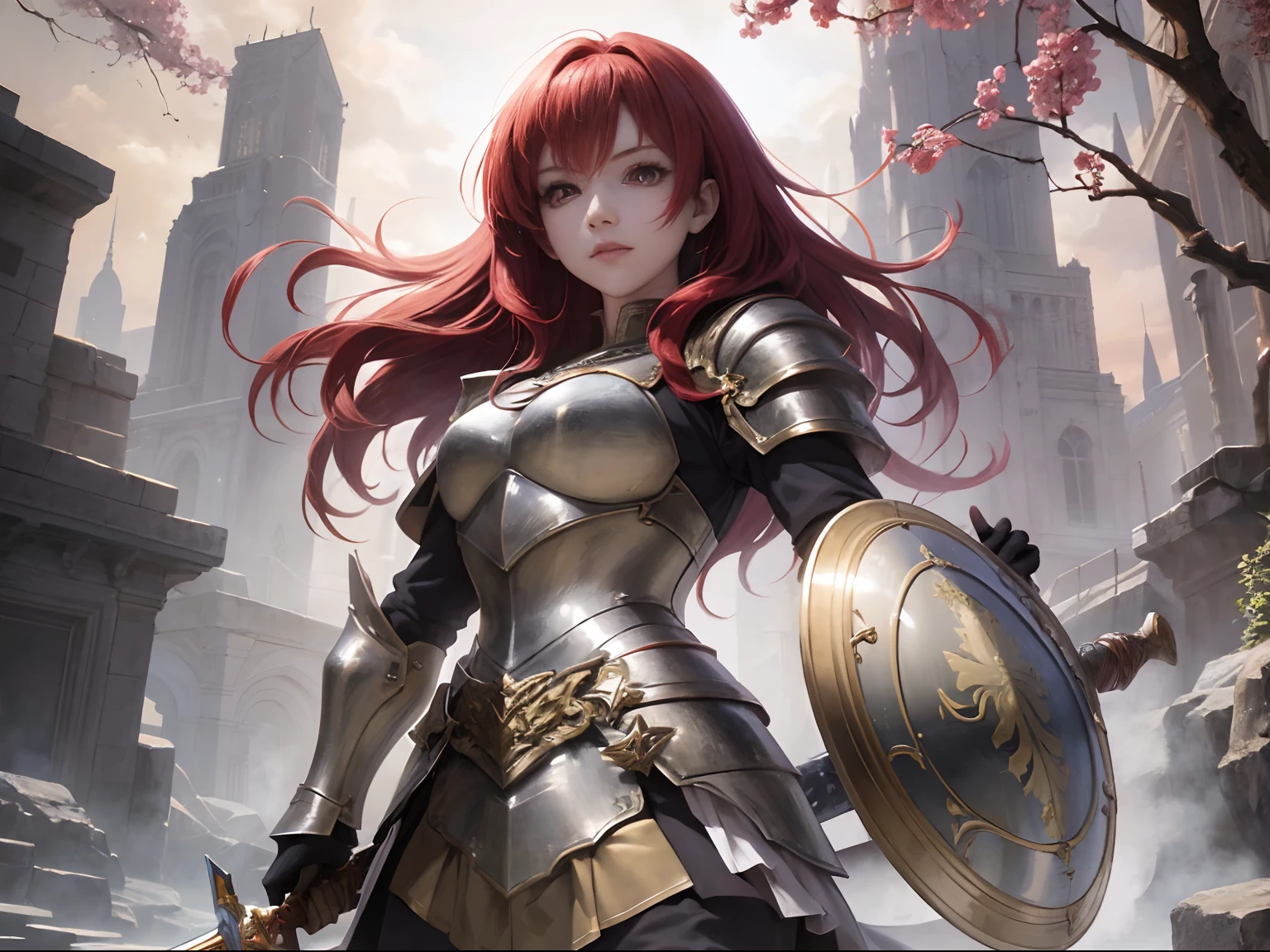 Anime characters: Red-haired girl, Magic elements, Magic elements, Girl, nature elements, red pupils, Girl, A magic light effect masterpiece, Gradient shadows, metall armour,valkyrie,sword and shield,Lady Knight,knights armor,No helmet,Shiny equipment