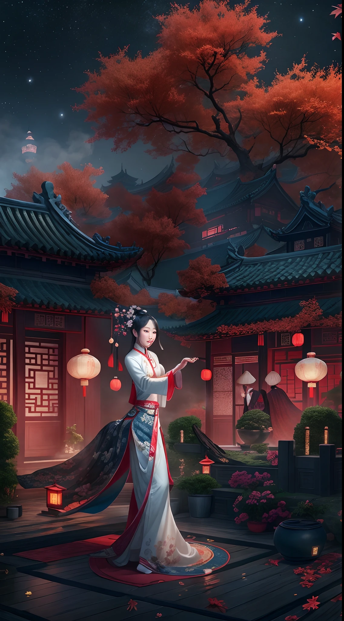 (Ancient Chinese beauties dancing:1.5),Surreal CG rendering Ancient China,Jiangnan old buildings and ancient cities have Yaolin Wonderland。a noite,a lua enorme:1.5,The stars are bright,The smoke is fascinating,Maple leaves and milk leaves are trees。paisagem de neve。K HD |