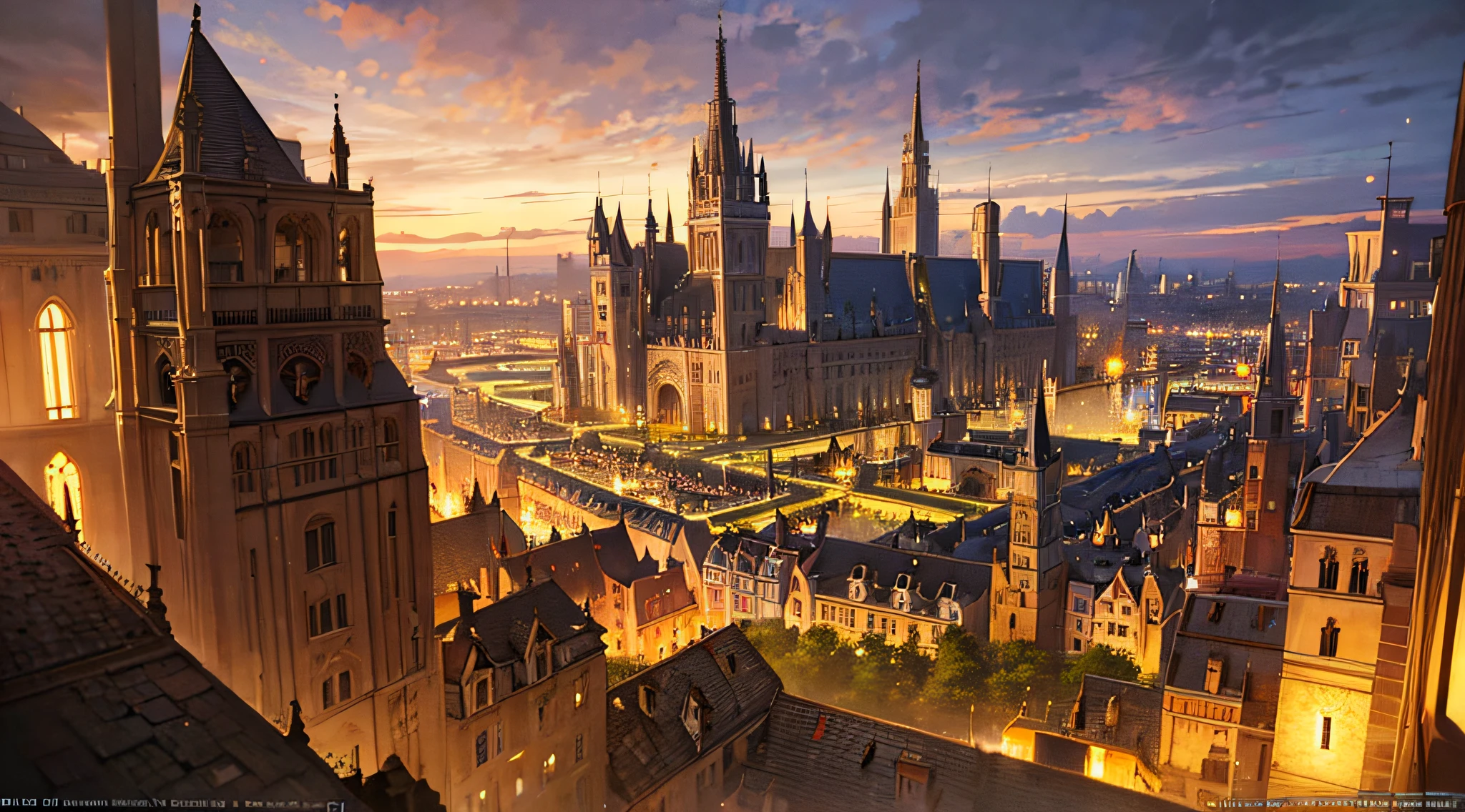 Masterpiece, best quality, 4k, 8k, absudres (best illustration), fantasy medieval city, populated, vibrant, magical, castles