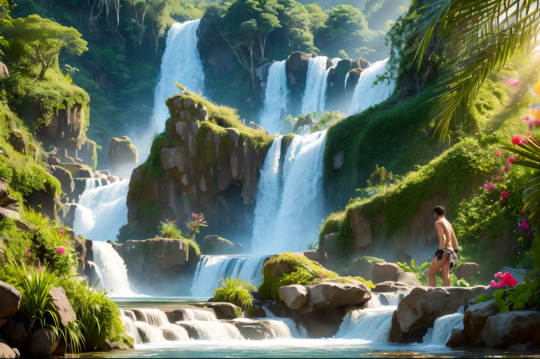 Barechested God of water next to a high waterfall, he in surrounded by water whips, dynamic, glenn, river running between rock walls, tropical vegetation with luxurious colourful flowers, vines, hanging plants, illuminated by natural sunlight,highly detailed, photorealistic.