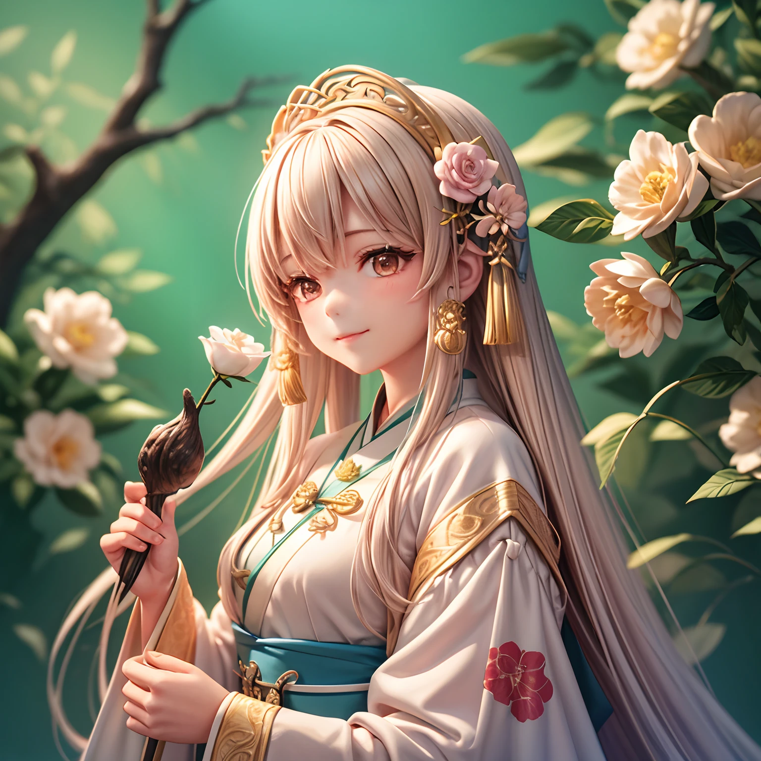 Movie Angle,(Cute girls,anatomy correct,full bodyesbian,Masterpiece camellia,Masterpiece Hanfu,ssmile),(illustratio,paper art,3Drenderingof),(plethora of colors,Best quality,high detal,tmasterpiece,Cinematic lighting effects,4K,Chiaroscuro)