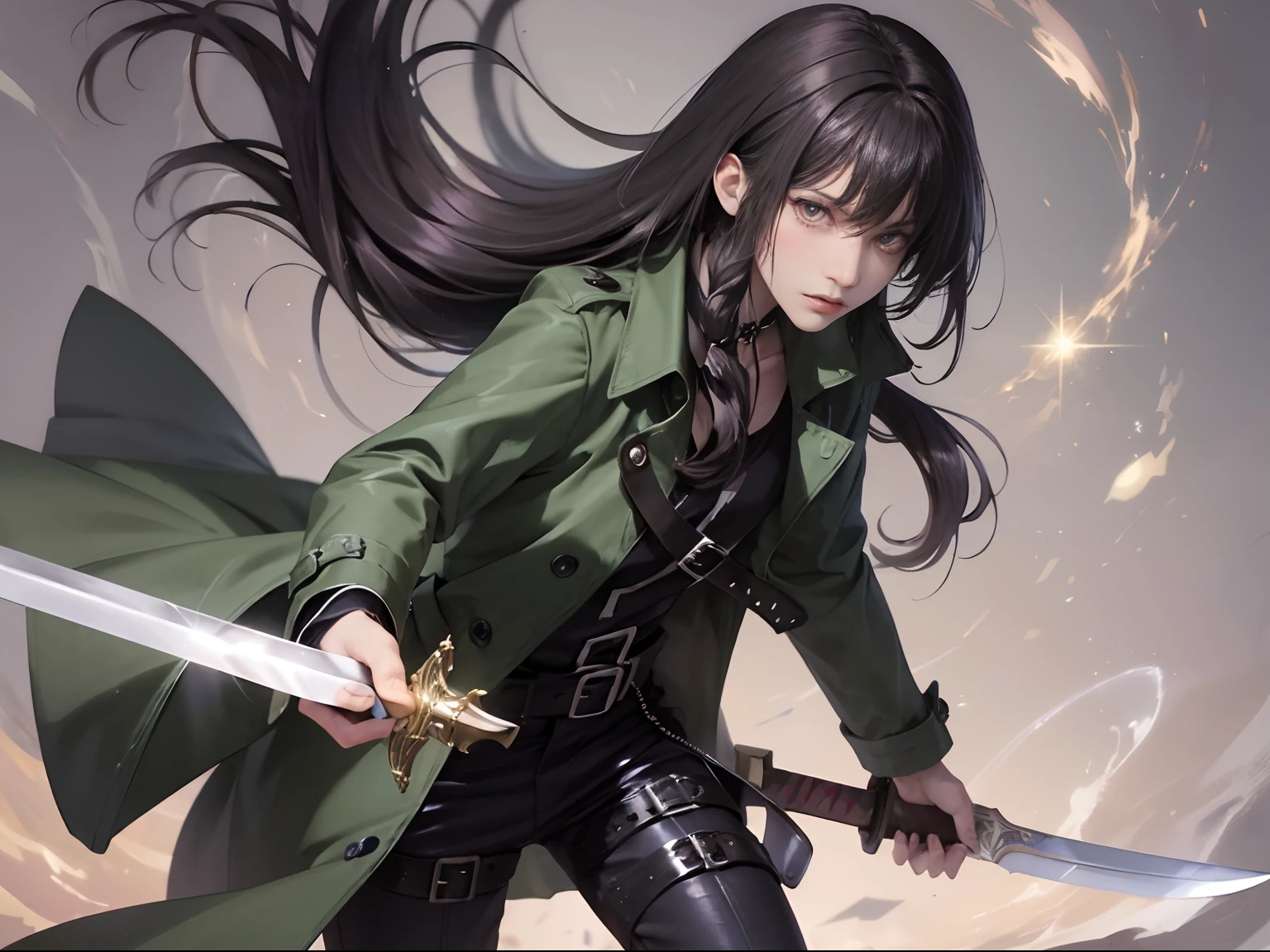 Anime image Young man with long black hair Bangs Magical element 1 Boy Natural element Black pupil boy Double sword scabbard hanging behind him Double knife Black trench coat Shiny metal belt A small scar on his face Kirito