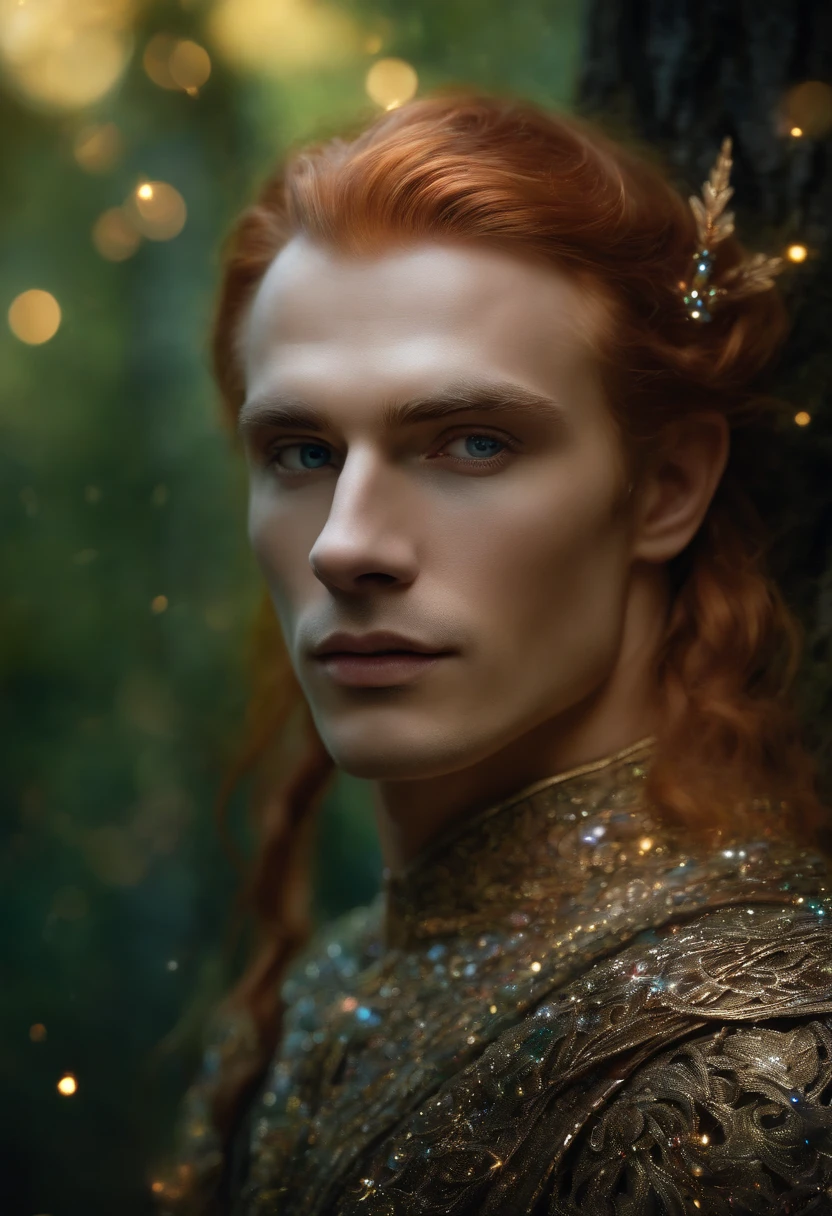 ((one man)), Fantasy portrait of a man in mithorogic costume, ((long sleaves)), with mysterious colored eyes, pale skin and complex colored hair, magical, beautiful, enchanting, photorealism, midshot, ((deep forest)), (((sparkle particles in the air))), ((fantasy art)), fireflys,