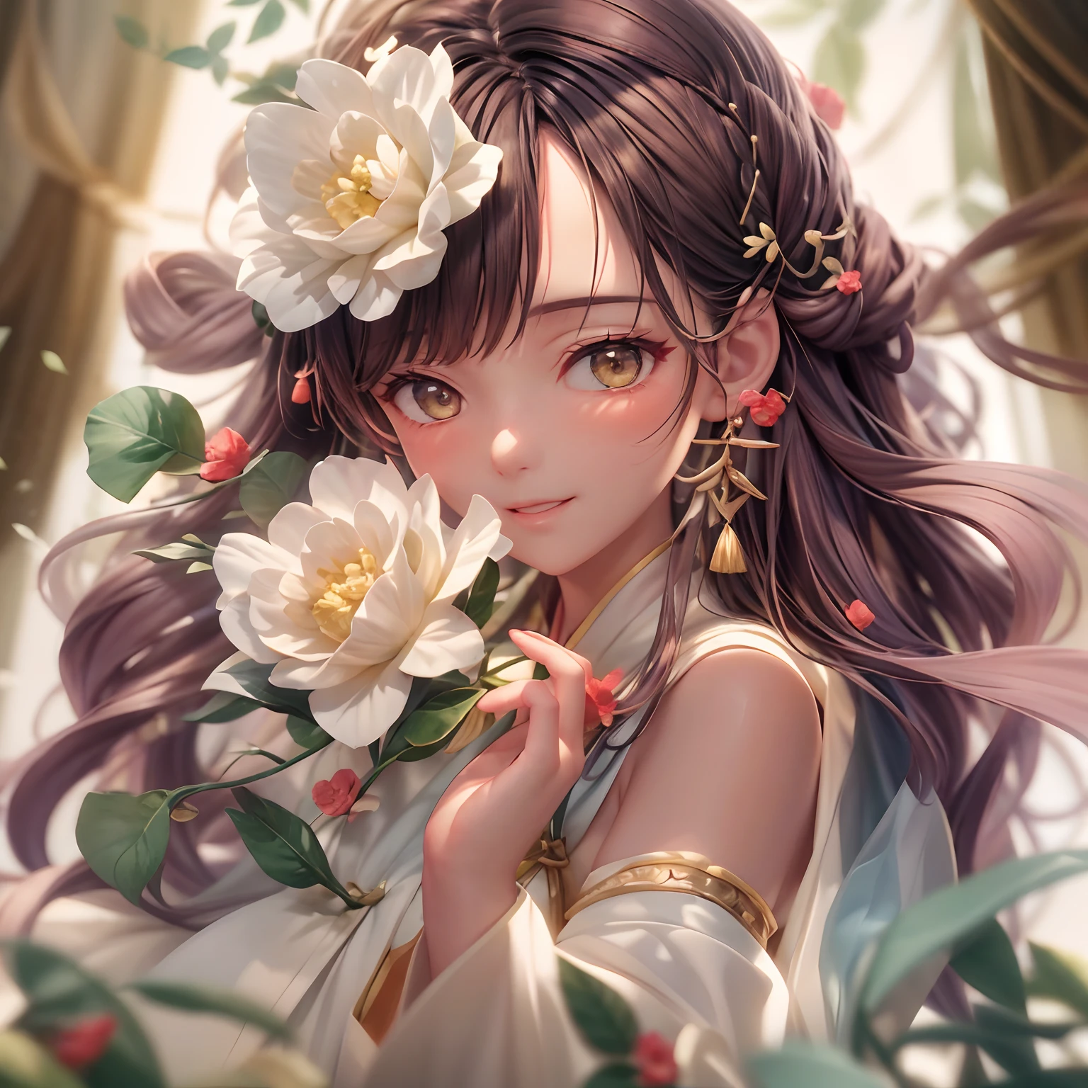 Movie Angle,(Cute girls,anatomy correct,full bodyesbian,Masterpiece camellia,Masterpiece Hanfu,ssmile),(illustratio,paper art,3Drenderingof),(plethora of colors,Best quality,high detal,tmasterpiece,Cinematic lighting effects,4K,Chiaroscuro)