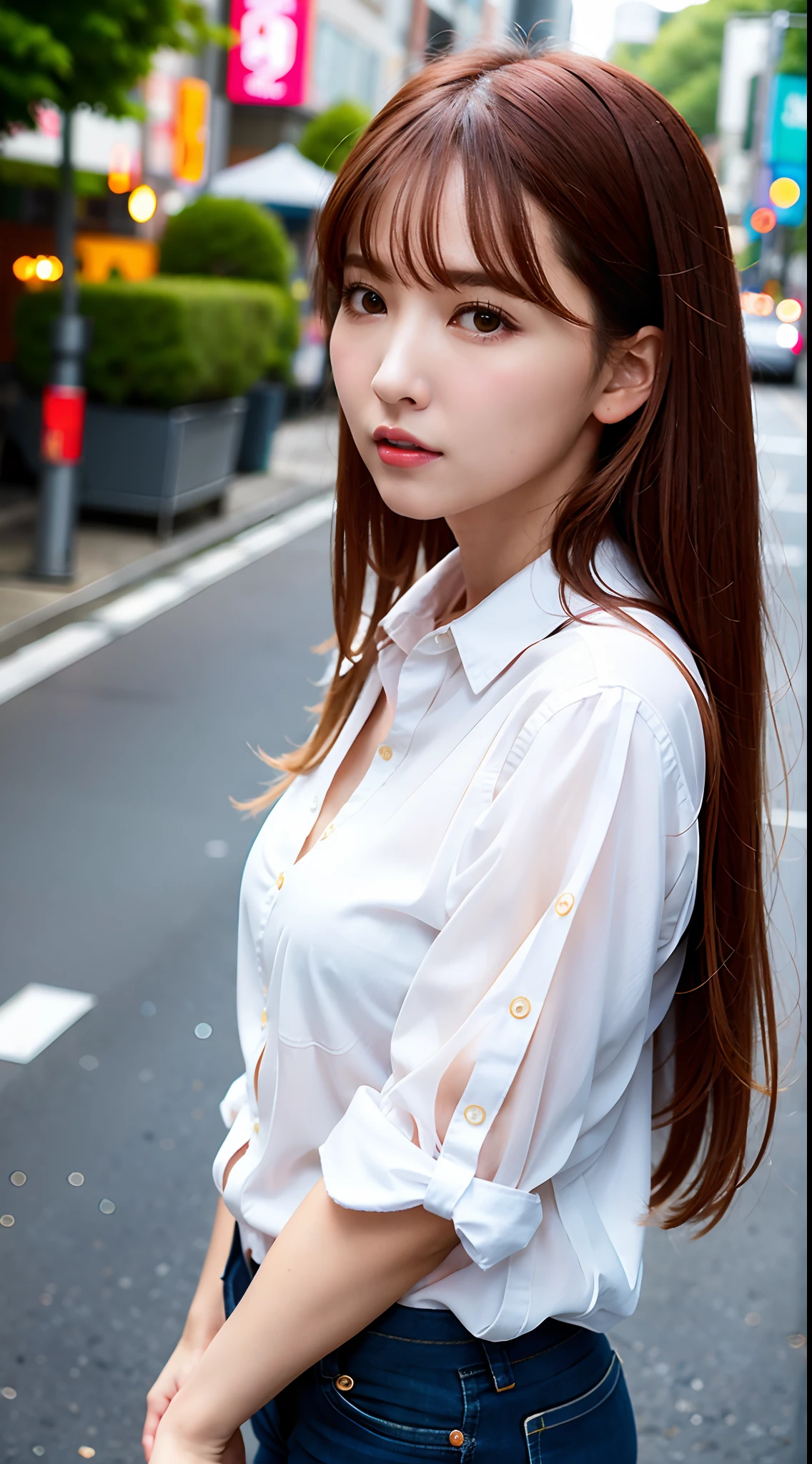 iulora， 1girll， 独奏， realisticlying， best qualtiy， nikon RAW photo，8 k''，富士XT3，tmasterpiece，超高分辨率，hdr，8K，A high resolution，（realisticlying：1.4），（Realistic damp skin：1.2），（22yo：1.3），Detailed eyes，long whitr hair，（light-blonde hair：1），Close-up portrait，Small face，Qi bangs，Look at the lens at a 45-degree angle from the side of the face，Stand on the streets of Tokyo，Street depth of field，Background with，Cinematic lighting effects，Gigantic big tits：1.2，White shirt：1.1，high waisted jeans，Pink shoes，shyexpression ，Raised sexy，Lovely，is shy：1.4，jpn