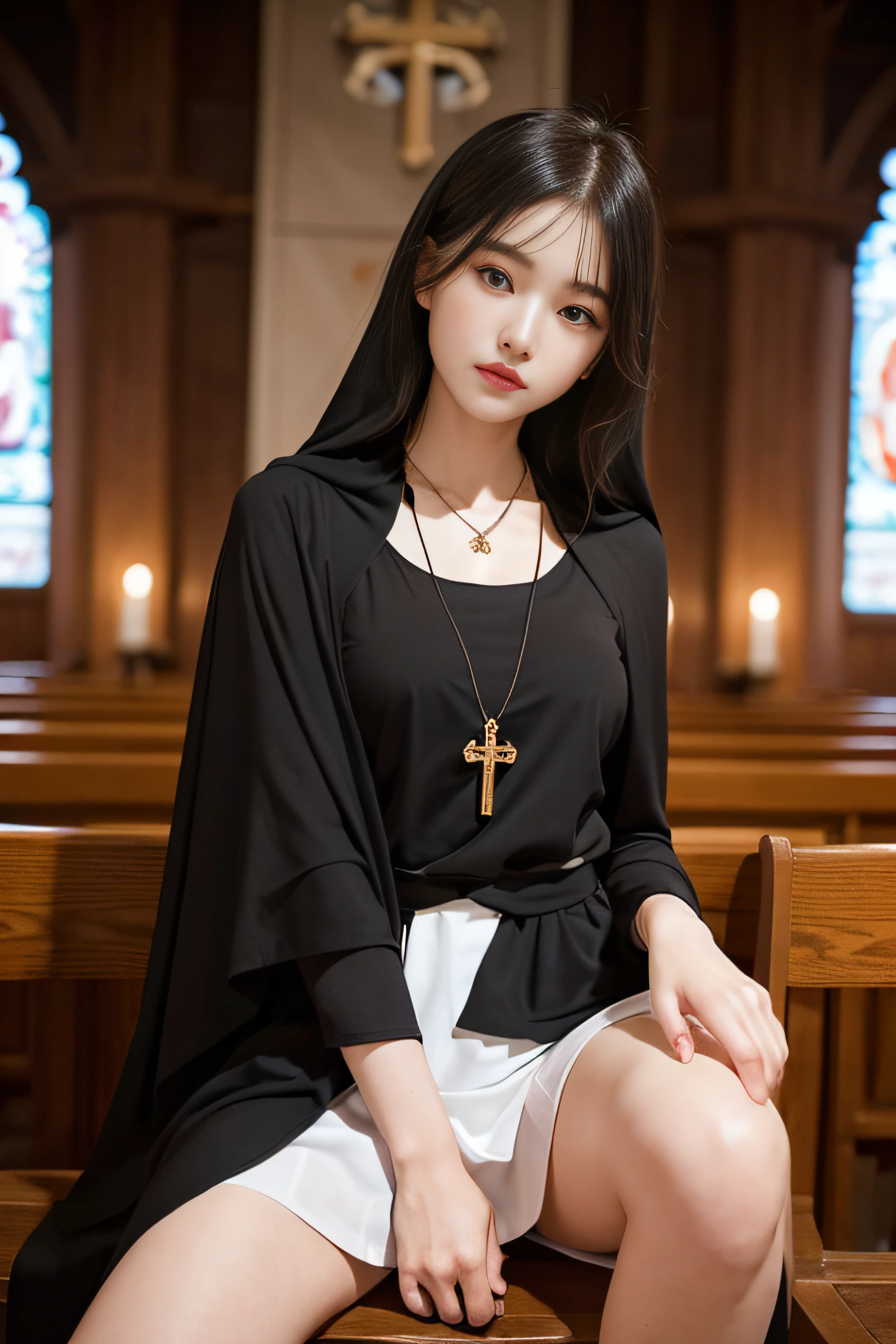 1womanl、25-years old、Cultivated woman、(ultra beautiful faces:1.5)、(Black monastic vestments:1.1)、Sit on a chair in the chapel and open your crotch、(The body is facing this way:1.3)、(spread legs to the sides:1.1)、Cross Necklace、Church Chapel、(At SFW)