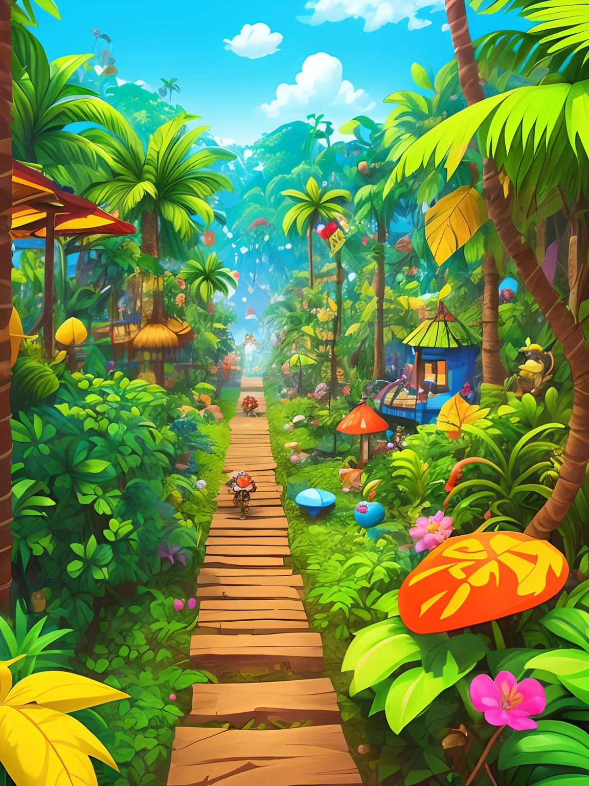 (a detailed and colorful scene:1.2), donkey kong inspired, jungle adventure, vibrant colors, lush foliage, realistic lighting and shadows, cartoonish characters, playful atmosphere, 2D animation, lively environment, dense forest, challenging platformer, dynamic action, swinging vines, hidden treasures, exciting obstacles, cave exploration, funny and adorable animals, retro gaming vibes, nostalgic soundtrack, tropical paradise, banana collecting frenzy, joyful and energetic, nostalgic art style