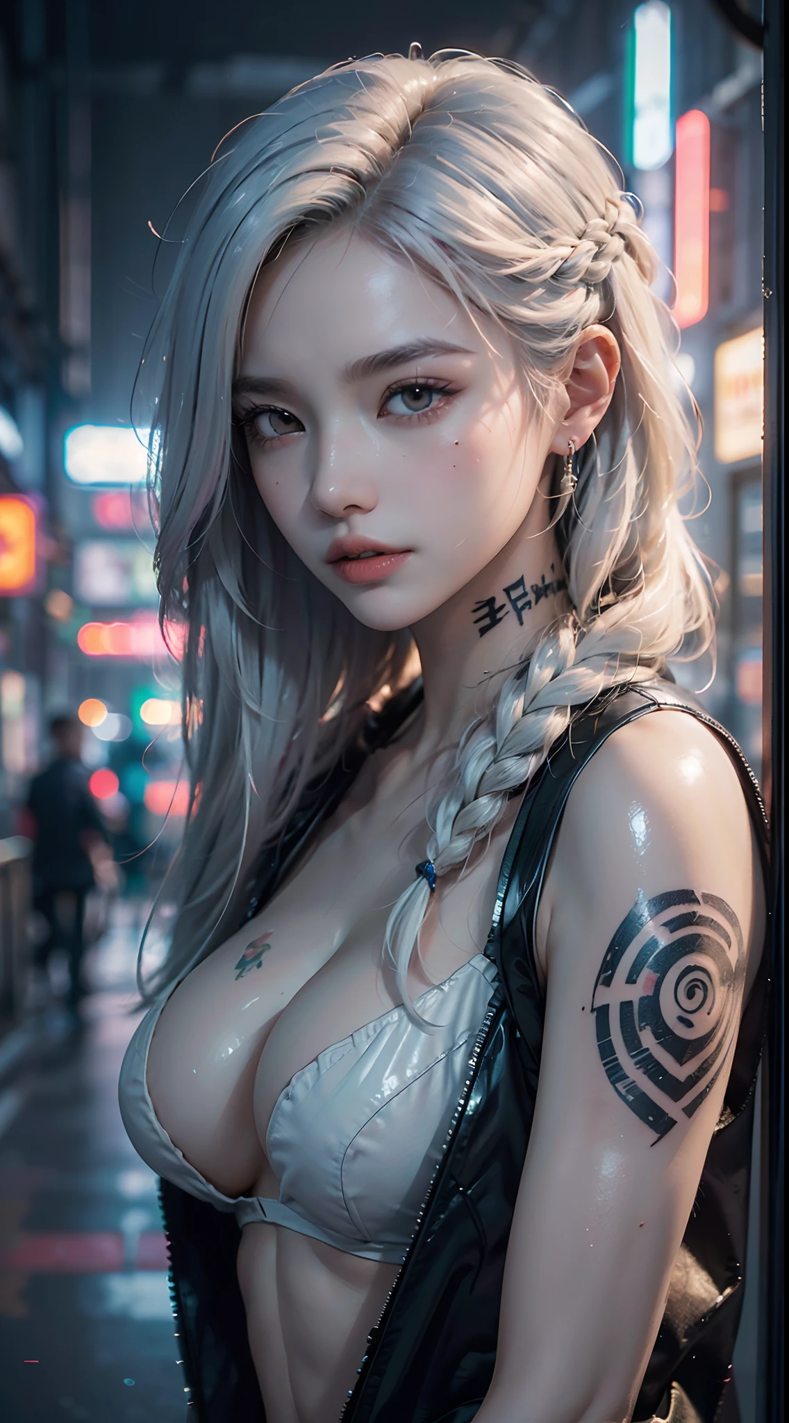 8k, 。...........3D, realista, Ultra Micro Photography, of the highest quality, Super detalle CG Unity 8k,((Top quality, 8K, Masterpiece:1.3)), solo, (large breasts:1.2), Realistic, high resolution, ((Highly detailed face and skin texture)), ((Realistic faces)), perfect body proportion, ((smooth skin, flawless skin, whitening skin, shiny skin)), ((Ultra-detailed face)), Double eyelids, soft lighting, Cinematic lighting, ((blurry background:1.5)), head straight-looking at viewer, ((main color white plus colorful hair)), ((Very long hair)), braid hair, accessories, jewelry, ((multiple tattoos across the body)), cyberpunk style, Fantastic, apocalyptic, nightcity, coat, Edgerunners