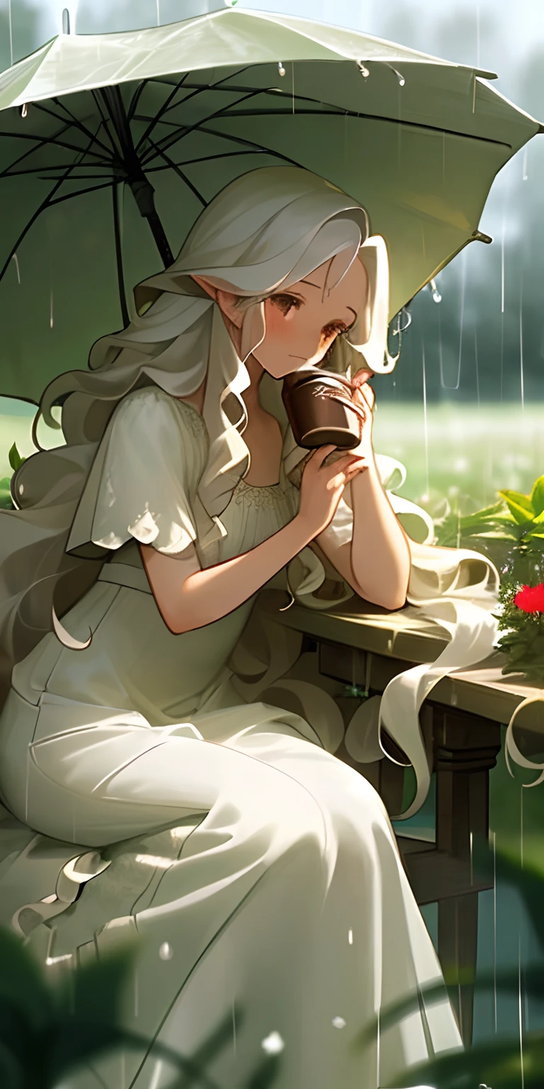 (masterpiece, best quality),1girl with long white hair sitting in a field of green plants and flowers, her hand under her chin, warm lighting, white dress, blurry foreground, A girl sitting drinking hot coffee, wearing white dress, curly hair, under the rain, raining,