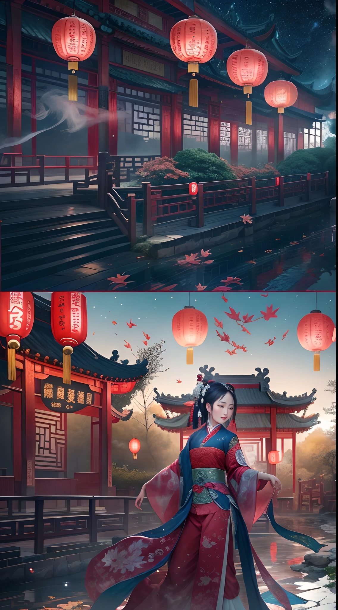 (Ancient Chinese beauties dancing:1.5),Surreal CG rendering Ancient China,Jiangnan old buildings and ancient cities have Yaolin Wonderland。a noite,a lua enorme:1.5,The stars are bright,The smoke is fascinating,Maple leaves and milk leaves are trees。paisagem de neve。K HD |