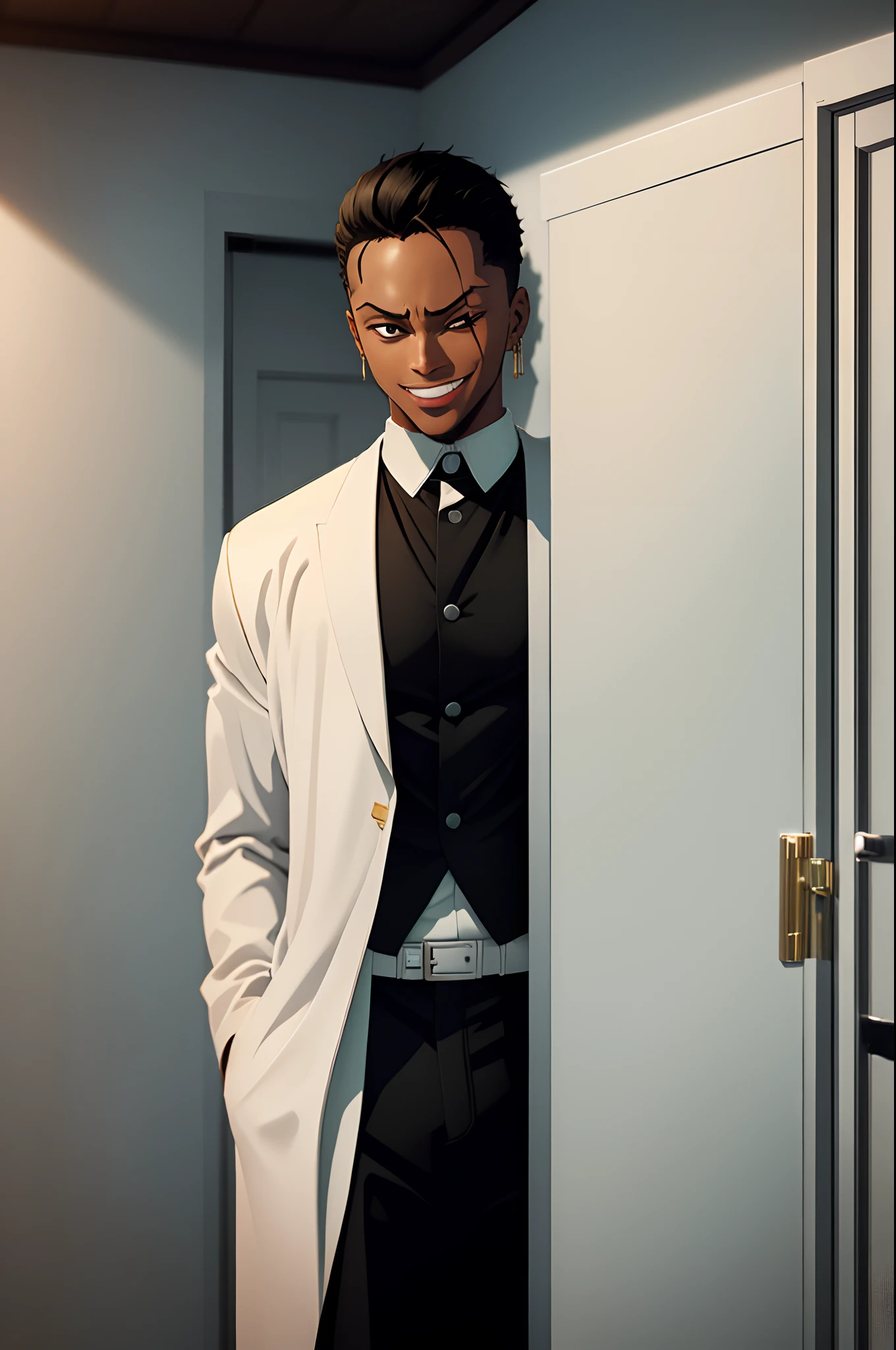 black young guy, white suit, zoro hairstyle, black hair, lindo, stylish pose, hiding, hiding , walls, party, hide in the room, smile, white suit