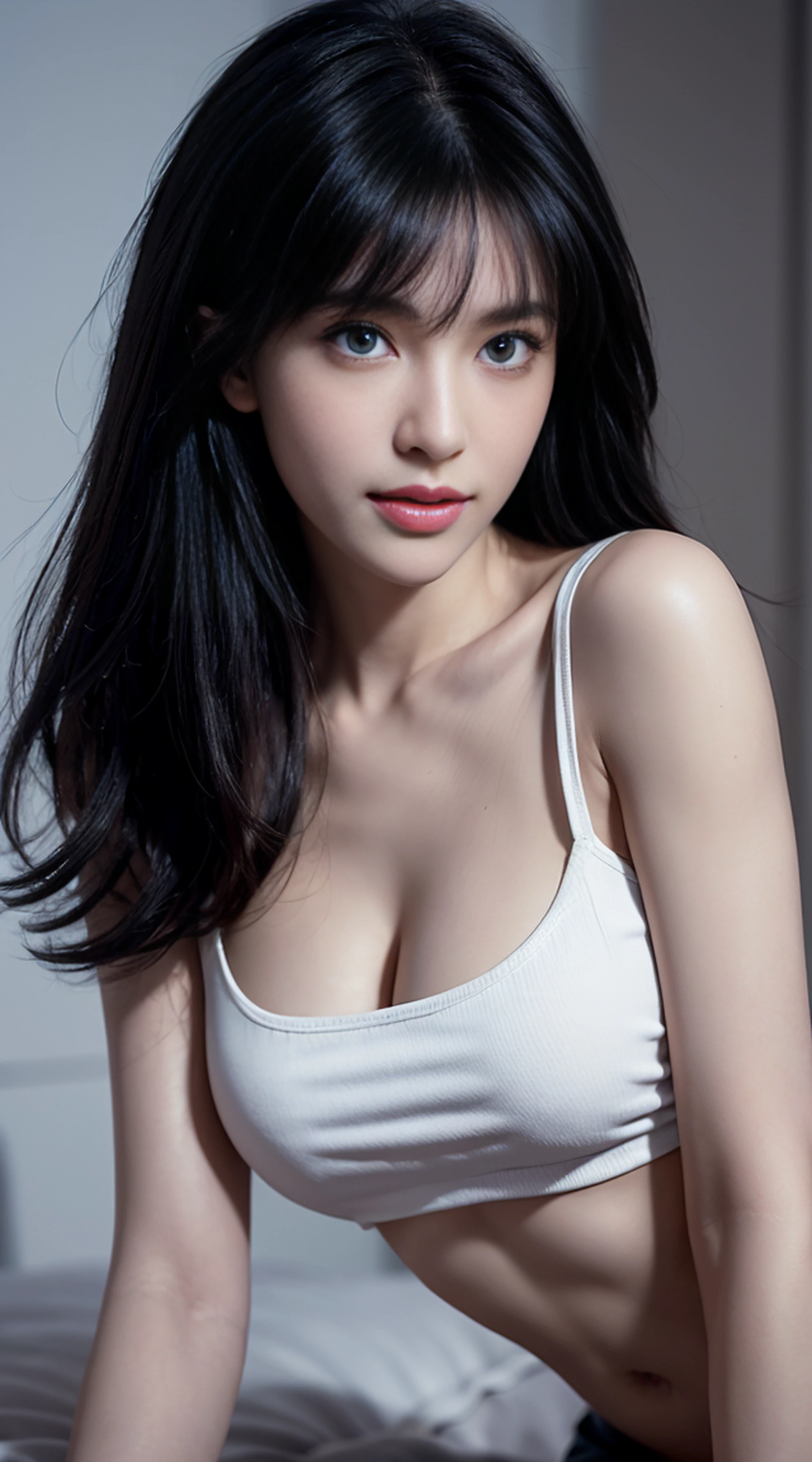 8K, Top Quality, Intricate Details, Ultra Detail, Ultra High Resolution, Masterpiece, random angle, Slender, Smile, (Makeup: 0.4), (Fluffy Blue Eyes: 1.21), blue Eyes,, ((full body)), 1girl, solo, 1 girl, (( full body)), close-up shot, , , ((tall)), (((fit body))), (((slim face))), sharp face, sharp eyes, (((black hair, low-tied long hair, bangs )) ,(detailed face), sharp face, small lips, thin lips,
((crop top)), detailed face, detailed breast, , large breast, detail, , Beautiful girl with accentuated slender abs: 1.4, Six Pack Abs: 1.4, Bust Botox, Big, Perfect Body, detail leg, (( moonlight)), ocean