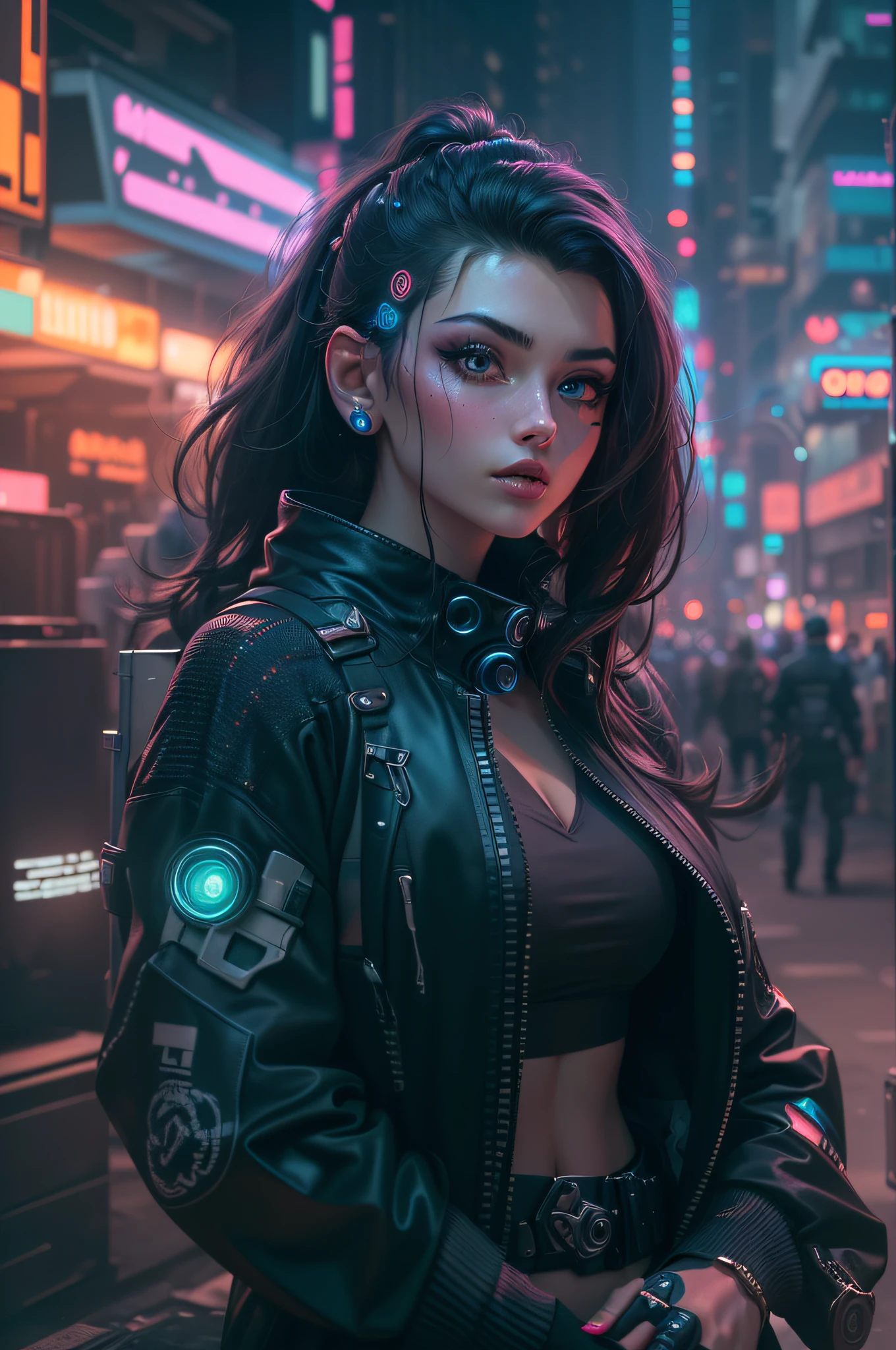 ((masterpiece))((highest quality))((27 year old girl,shoulder length highlight hair ))head to knee portrait ((she's seductively standing alluringly sexual revealing herself through opening her outfit. Partially exposed breast naked. )). ((Background is a Highly detailed cyberpunk club with multicolor LED lights. Graffiti .Luminous.))4k. Highly intricate details. Cinematic. Highly Reflective wet sidewalk.