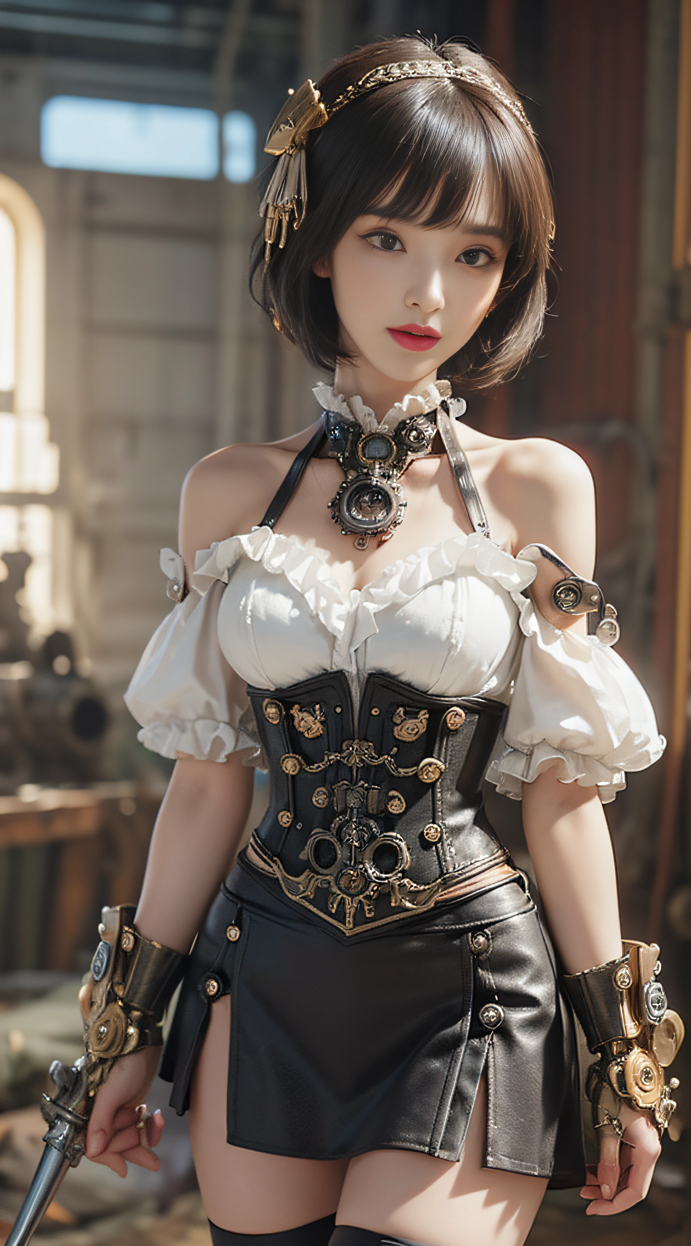 8K raw photos、hight resolution、Sexy 21 year old cool Korean in alafile posing with corset and garter in photo, steampunk beautiful anime woman, a steampunk beautiful goddess, like lady mechanika, wearing steampunk attire, in a steampunk world,Vivid steampunk concept, ( Steampunk ), ornate cosplay, Steampunk Girl, Steampunk, in a steampunk world, Steampunk style, steampunk aesthetic, steampunk fantasy style, steampunc, Steampunk style, Beautiful eyes for every detail of cosplay、long eyeslashes、Beautiful double eyelids、eyeshadows、Slender eyes、Sanpaku eyes、Dark Eye Makeup、evil smile、Beautiful and thin legs、Short hair tied at the back、耳环、