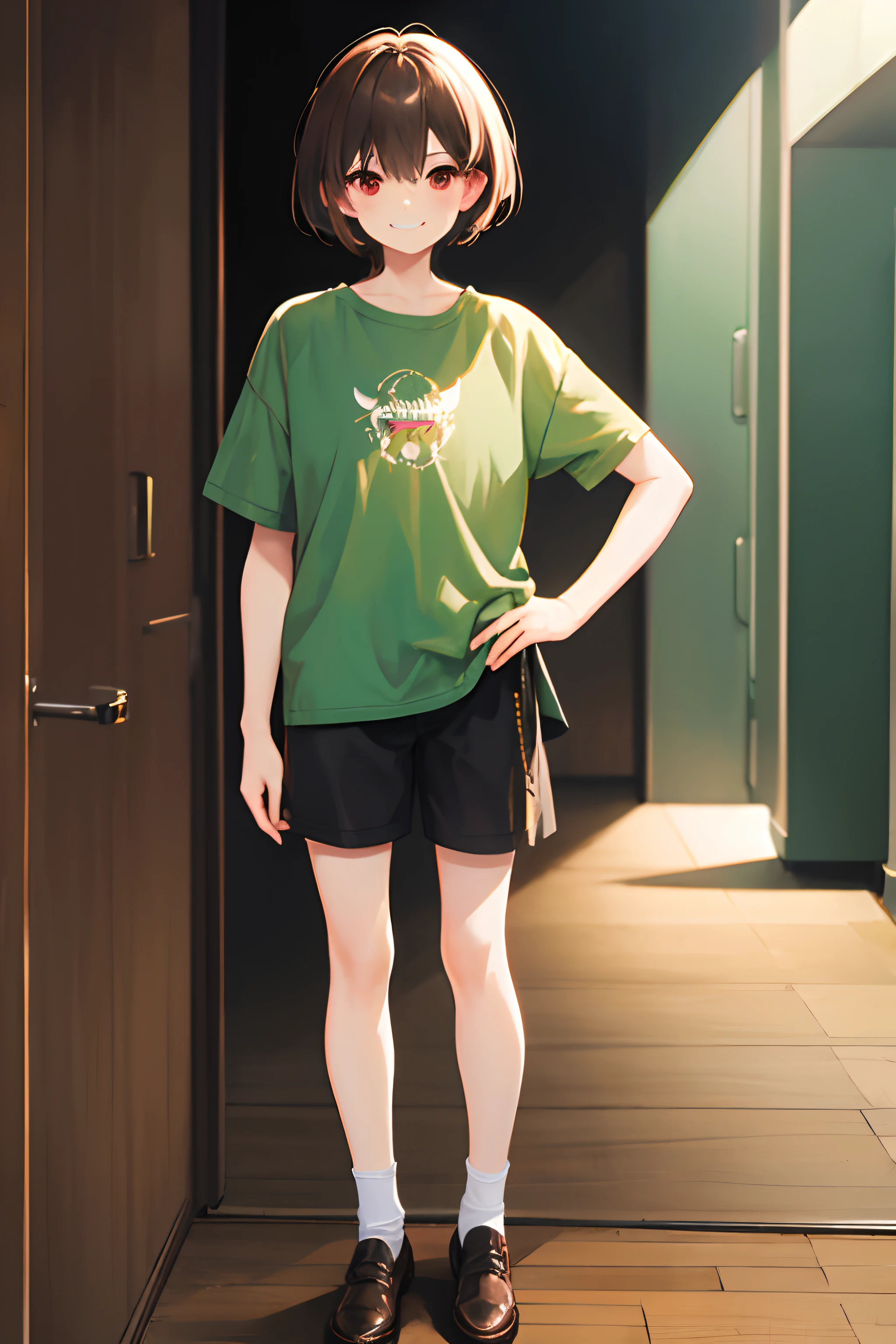 Under the legend,Chara,femele,sexy for,green-shirt,brown shorts,blacksilk,Small leather shoes,grin,Blushlush,stand posture,with short brown hair,Standing painting,bloody red eyes