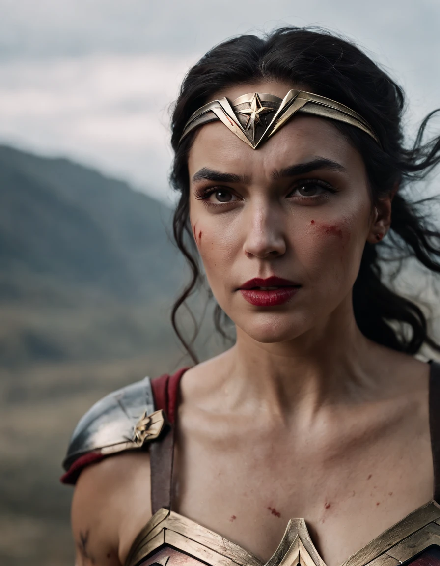 (Best quality, 8K, Masterpiece :1.3), Half body, facing camera, Wounded Wonder Woman, scar, wound, blood in face & body, battle damage. cinematic lighting, cowboy shot, captured by fujifilm XT3, Zeiss Lenses.