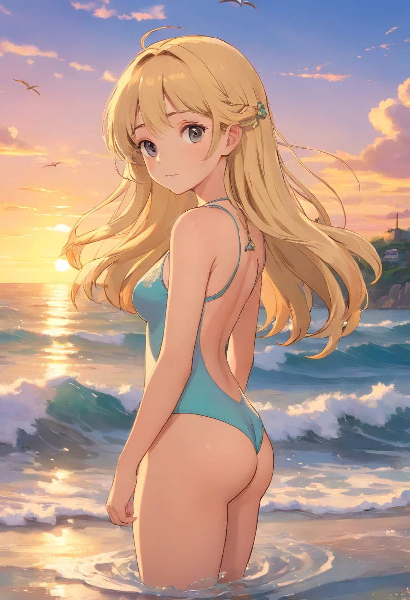 1 menina bonita 13 anos slim, long blonde hair small swimsuit, sea waves beach summer sunset, UHD, master part, anatomicamente correto, Detalhes altos, Altas, best quality, Super Detalhe, 8k