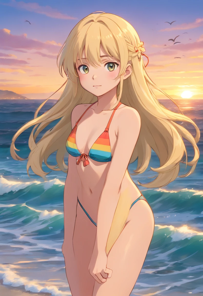 1  bonita 13 anos slim, long blonde hair small swimsuit, sea waves beach summer sunset, UHD, master part, anatomicamente correto, Detalhes altos, Altas, best quality, Super Detalhe, 8k