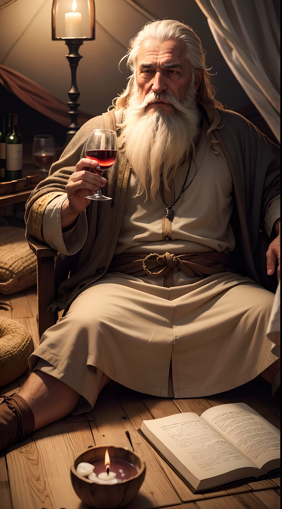 Drunken Noah, Old man with long beard, cabelos longos, drunk sitting on the floor inside a tent, personagem biblico, clothes from biblical times, segurando um calice de vinho, holding a glass of wine, bebendo vinho, getting drunk, Lugar escuro, candlelit.