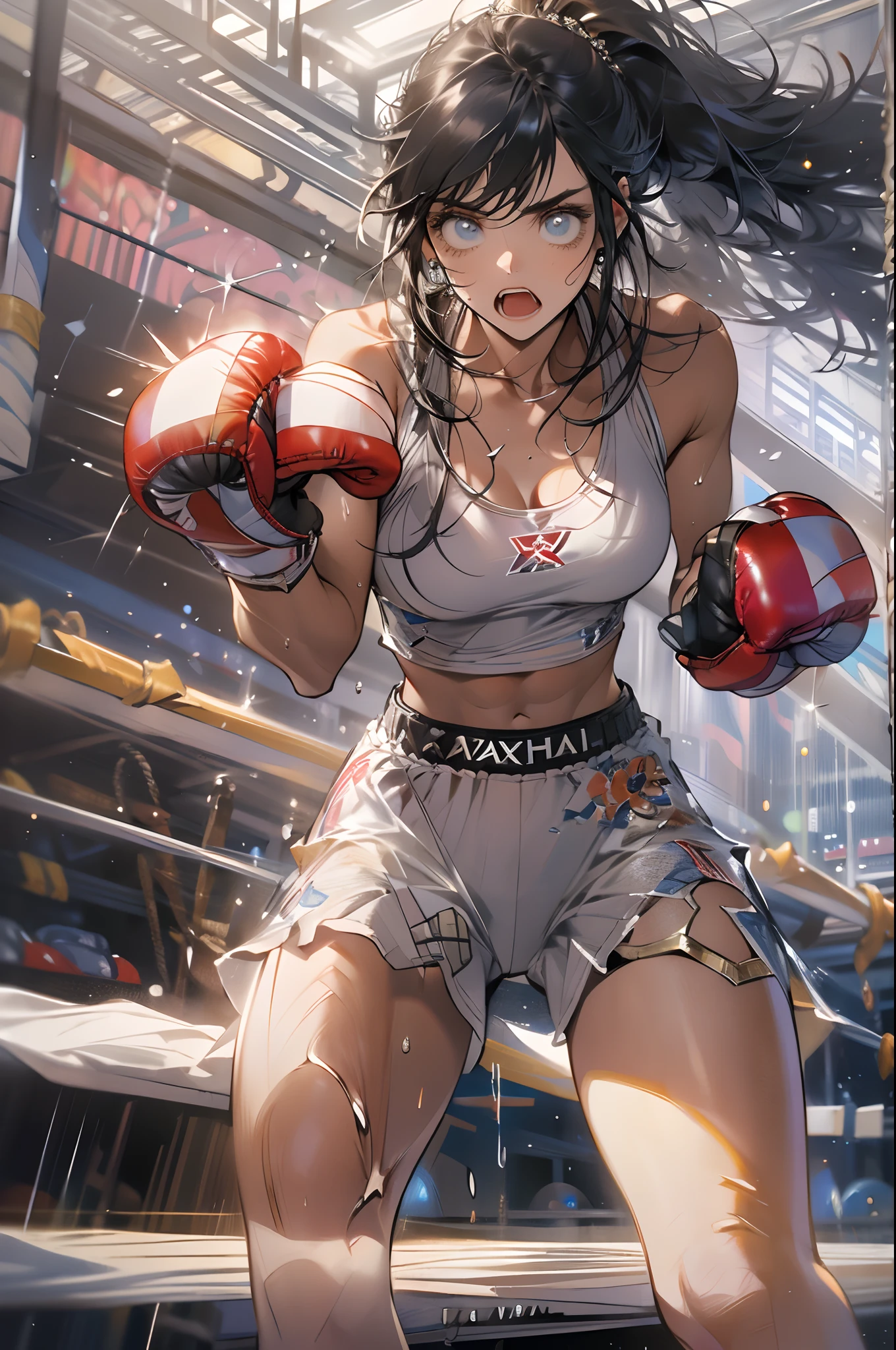 (original) , (very detailed wallpaper) , (best quality) , (masterpiece) , photographic reality, realistic, very detailed illustrations, (1 girl) , beautiful eyes, (delicate face) , perfect detail, (best lighting) , (super complex details) , 
 (boxing girl) , (aggressive punching) , sweat, heavy breathing, (oppressive attack) , (boxing ring) , athletic shorts, perfect detail, perfect fingers, perfect limbs, impact, (shiny skin) , abs, muscles, waistline,boxing shorts, fist fight, black hair, high ponytail, very long hair, 
4K unified, (super detailed CG: 1.2) , (8K: 1.2) , realistic, octane rendering