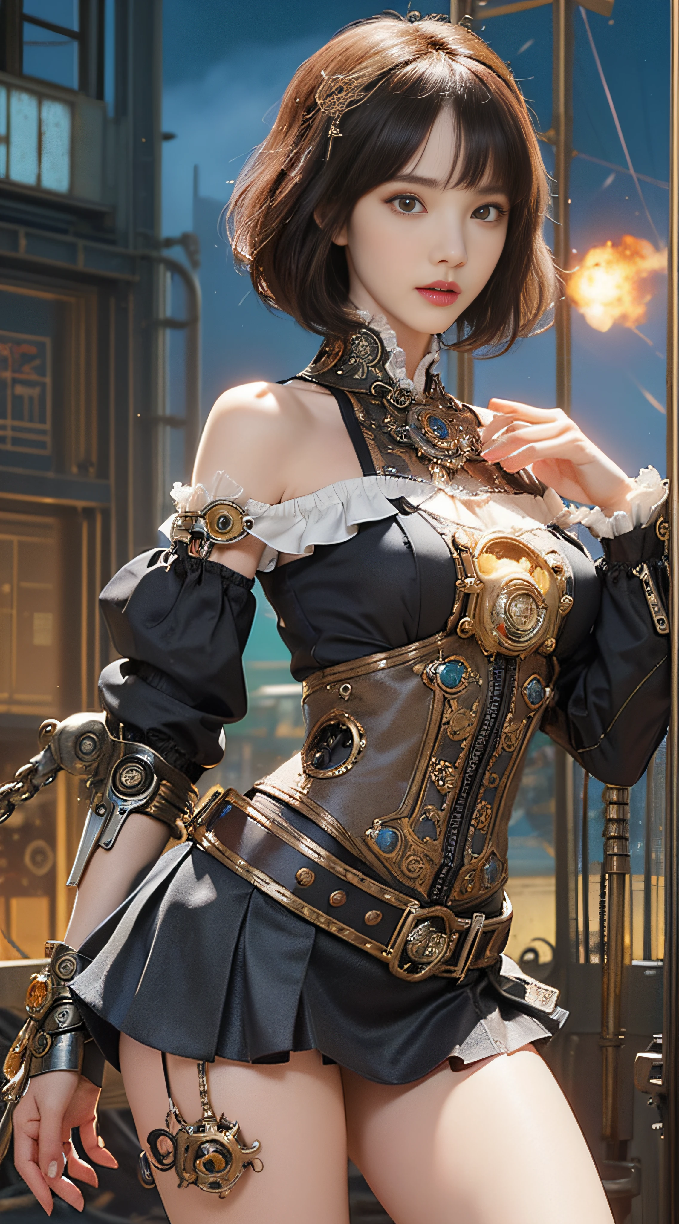 (((Masterpiece))), (((top quality))), (((super detailed))), Combat action poses, One female, (((Very Slender body))), 18 years old, (((short black bob, thick puffy bangs))), cosmetics-free, small thin nose, small thin-lipped mouth, (((very sharp focused eyes))), large slit precision pale grey eyes, sparkling like jewels, Long eyelashes, ((Very intricate mechanical steampunk fashion, Off-shoulder gothic fashion, Lace and ruffle mini skirt, Excessively decorative fashion)), (((The night an abandoned, intricately mechanized steampunk factory burns and explodes))), (((overall accuracy has improved dramatically, creating a super detailed and realistic image))).