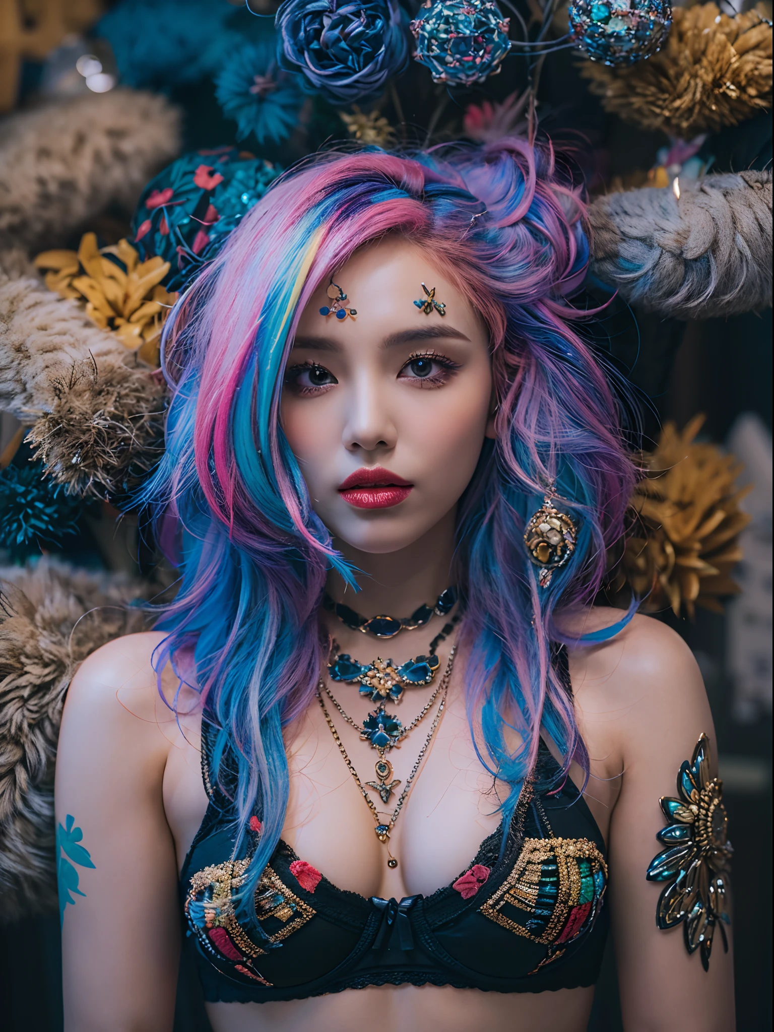 coldgirl, RAW photo, Portrait of Skskzez, (Colorful hair: 3) , Five-headed, hair adornments, cube hair ornament, Underwear bra , (highdetailskin:1.2), 8K UHD, Digital SLR, Soft lighting, High quality, filmgrain, Fujifilm XT3