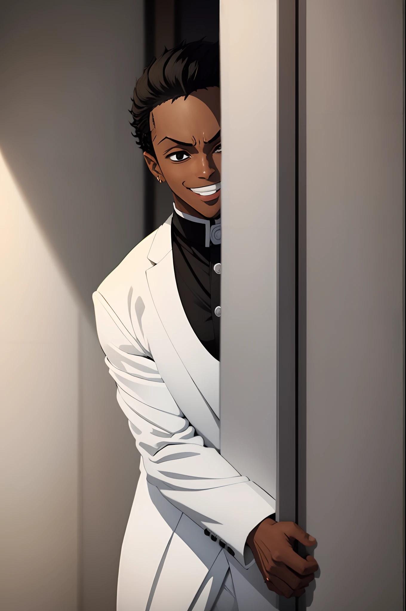black young guy, white suit, zoro hairstyle, black hair, lindo, stylish pose, hiding, hiding , walls, party, hide in the room, smile, white suit