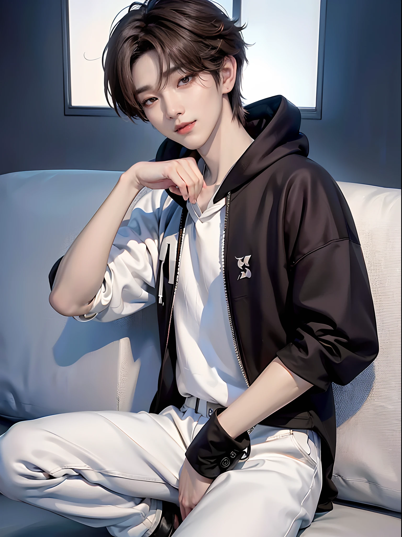 ((4K works))、masterpiece、(top-quality)、((high-level image quality))、Happiness、((One Manly Boy))、K-pop idol photos、Slim body、((Stylish black hoodie and white pants))、(Detailed beautiful eyes)、Superb city view in the background、Face similar to Chaewon in Ruseraphim、((short hair above the ears))、((Smaller face))、((Neutral face))、((Light brown eyes))、((Korean boy))、((18year old))、((Handsome man))、((Gentle smile))、((Korean Makeup))、((elongated and sharp eyes))、((Zoom up to face))、((Face enhancement))、((Focus zoom in))、((MV shooting))、((Photos of only one person))、Professional Photos