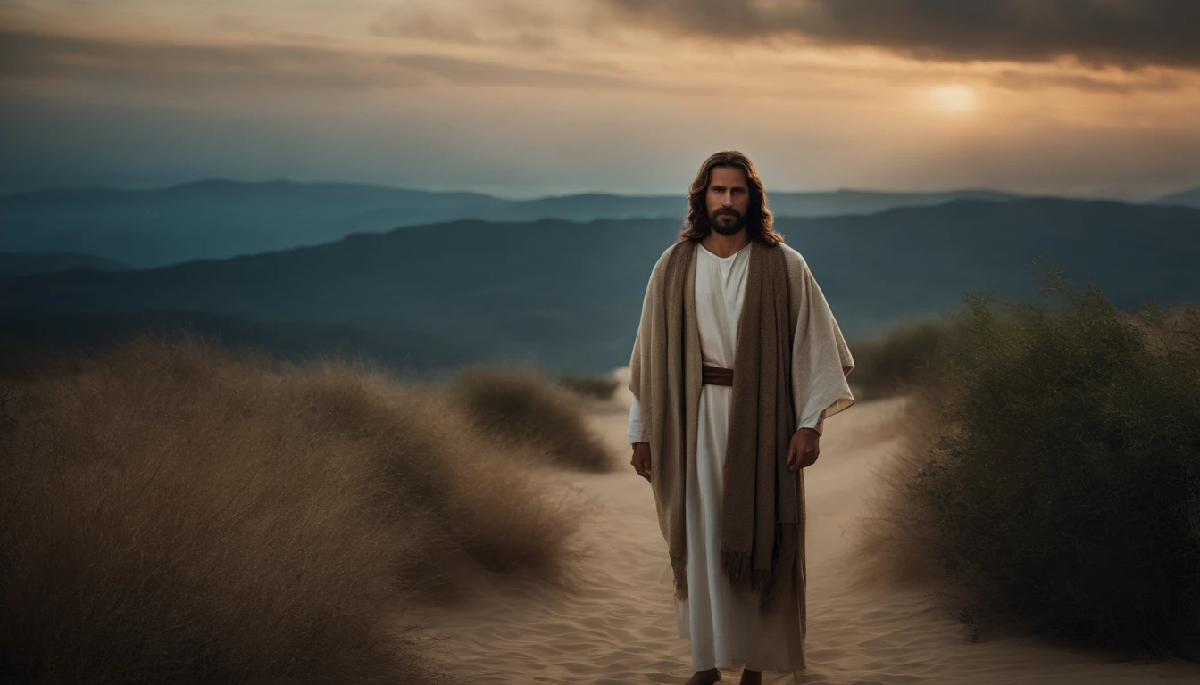 O mais lindo Jesus Cristo de todos os tempos, com olhos azuis, barba muito alta, cabelos loiros muito altos e capa branca