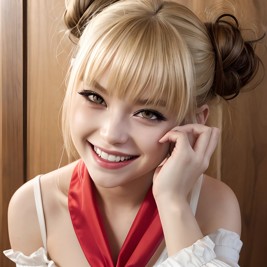 (full body shot, full body:1.2), himiko toga, (blonde hair:1.2),asian, caucasian, blunt bangs, bleached hair, double bun, eyebrows hidden by hair, eyeliner, hair bun, makeup, messy hair, (yellow eyes), fangs, narrow eyes,  creepy smile, realistic, detailed face, girl,  high detailed skin,skin pores, 8k uhd,dslr,soft lighting,high quality,film grain,Fujifilm XT3, (pleated skirt:1.0), eye liner, vampire fangs, (head tilt:1.2), 1girl, (evil smile, creepy stare:1.3), constricted pupils, small pupils, (yellow caridan), long sleeves, (bright red neckerchief:1.2), socks, (fangs:1), ahegao