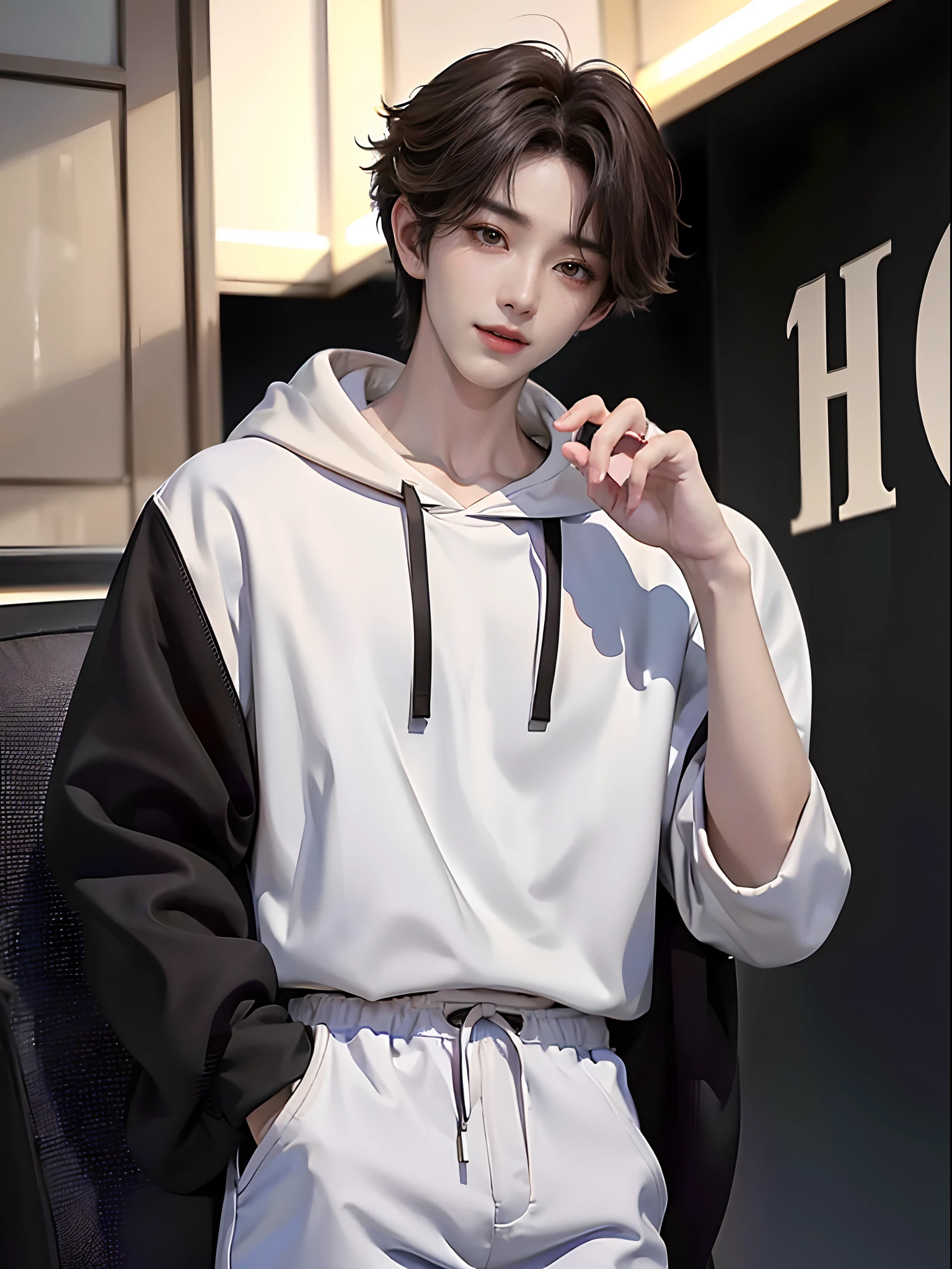((4K works))、masterpiece、(top-quality)、((high-level image quality))、Happiness、((One Manly Boy))、K-pop idol photos、Slim body、((Stylish black hoodie and white pants))、(Detailed beautiful eyes)、Superb city view in the background、Face similar to Chaewon in Ruseraphim、((short hair above the ears))、((Smaller face))、((Neutral face))、((Light brown eyes))、((Korean boy))、((18year old))、((Handsome man))、((Gentle smile))、((Korean Makeup))、((elongated and sharp eyes))、((Zoom up to face))、((Face enhancement))、((Focus zoom in))、((MV shooting))、((Photos of only one person))、Professional Photos